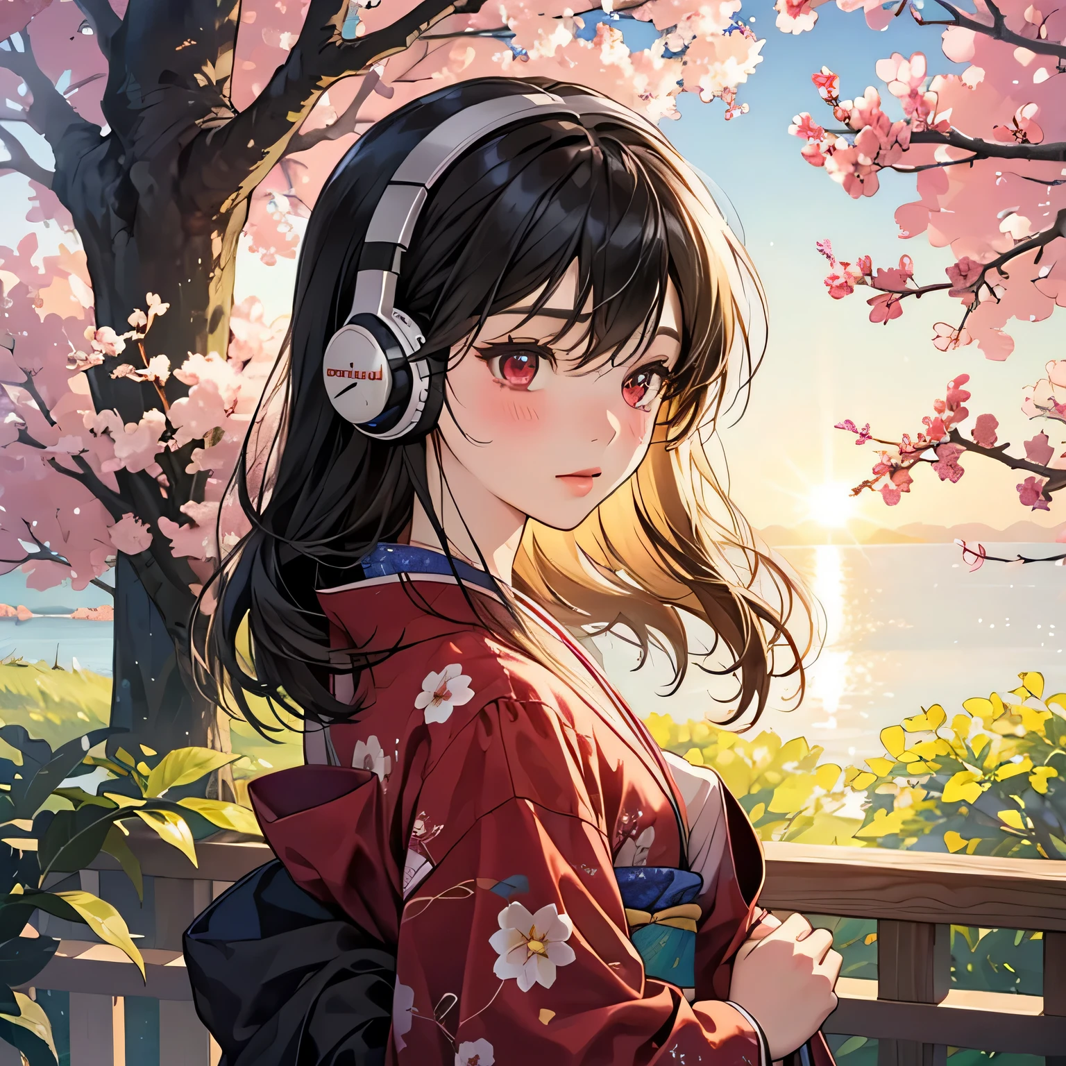 blush、blonde、red eyes、美しい女の子がalone、listen to music、headphones、black hair、and soul、alone、kimono、lonely、cherry blossomorning、Phone - car