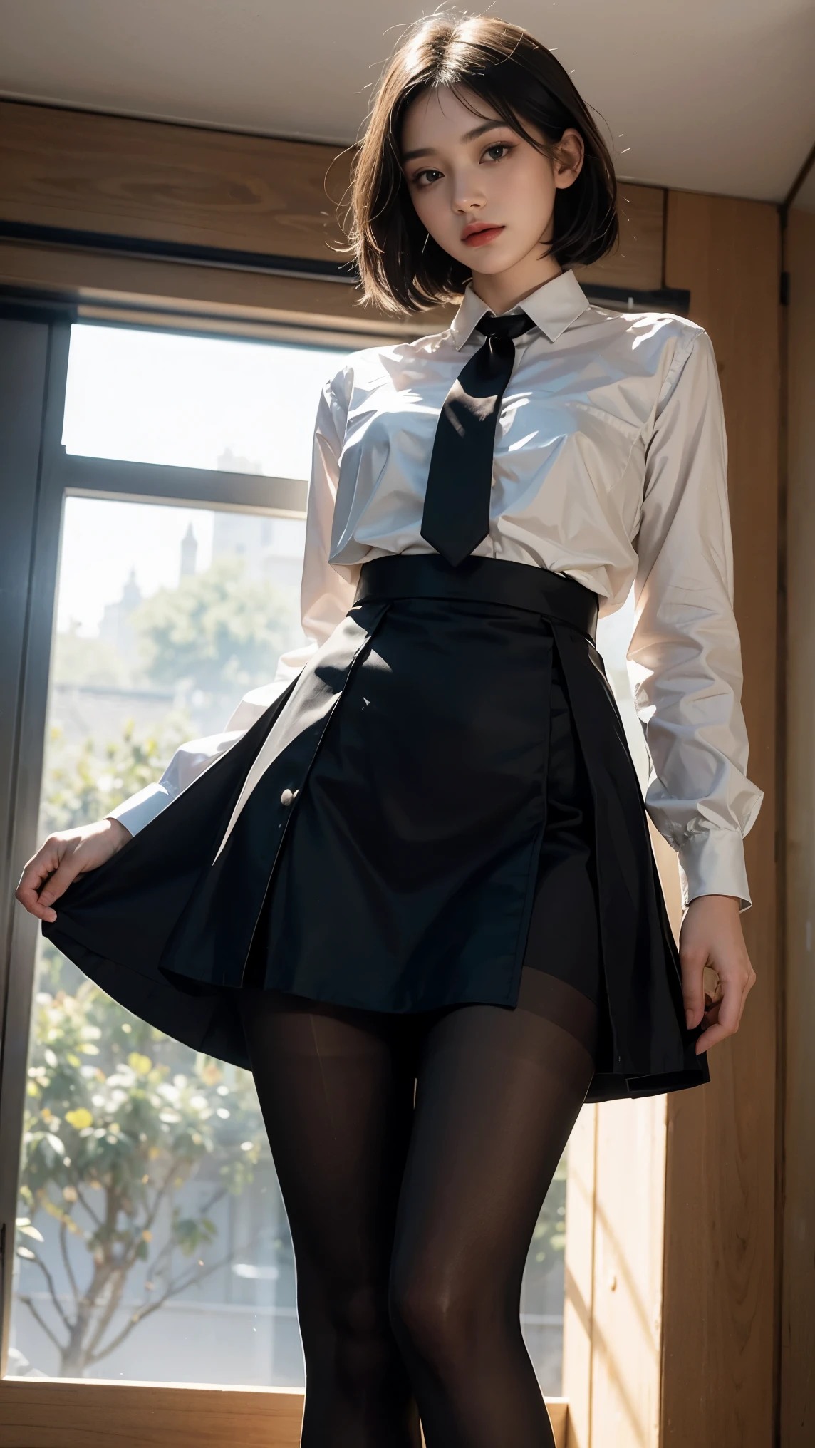 1girl,young girl, shiny skin,big breasts,nice leg line:1.3, thin waist,school uniform, thighhighs,necktie,((pencil skirt)),looking at viewer,from below,full body, ( pantyhose:1.3),(The golden ratio figure),
masterpiece, best quality, best perspective, ultra-detailed and intricate, extremely delicate and beautiful, best quality light, (ray tracing:1.1), anti-aliasing,
realistic,photorealistic,award-winning illustration,(intricate details:1.2),(delicate detailed) (intricate details),(cinematic light,best quality Backlights),clear line,sharp focus,official art,unity 8k wallpaper,absurdres,incredibly absurdres,huge filesize,ultra-detailed,highres,extremely detailed extremely delicate and beautiful,RAW photo, professional lighting,dynamic lighting,light on the face,depthoffield,solofocus,cool beauty,tall woman,black hair,short cut hair,Precisely expresses details such as face and skin texture,beautiful eye,double eyelid,delicate skin,slender body shape,alone,