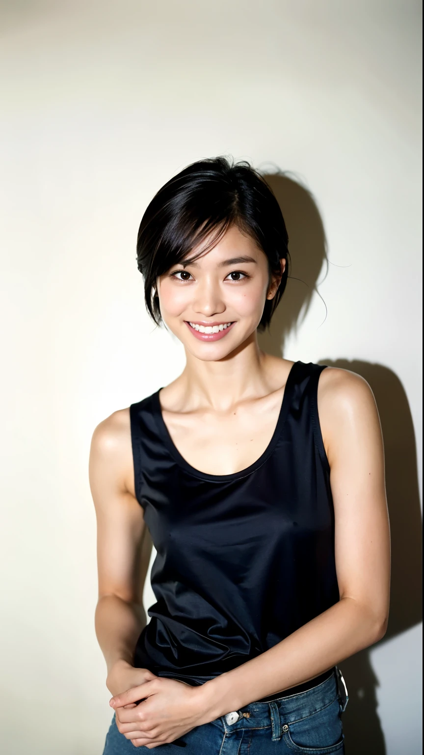 Very cute 20 year old Japanese woman, corners of mouth turned up, gentle smile, muffin top, detailed face, detailed body with nice curves, in the living room. Late night, movie photography, Leica 50 mm prime lens, Cine Steel 800T film, art color photography