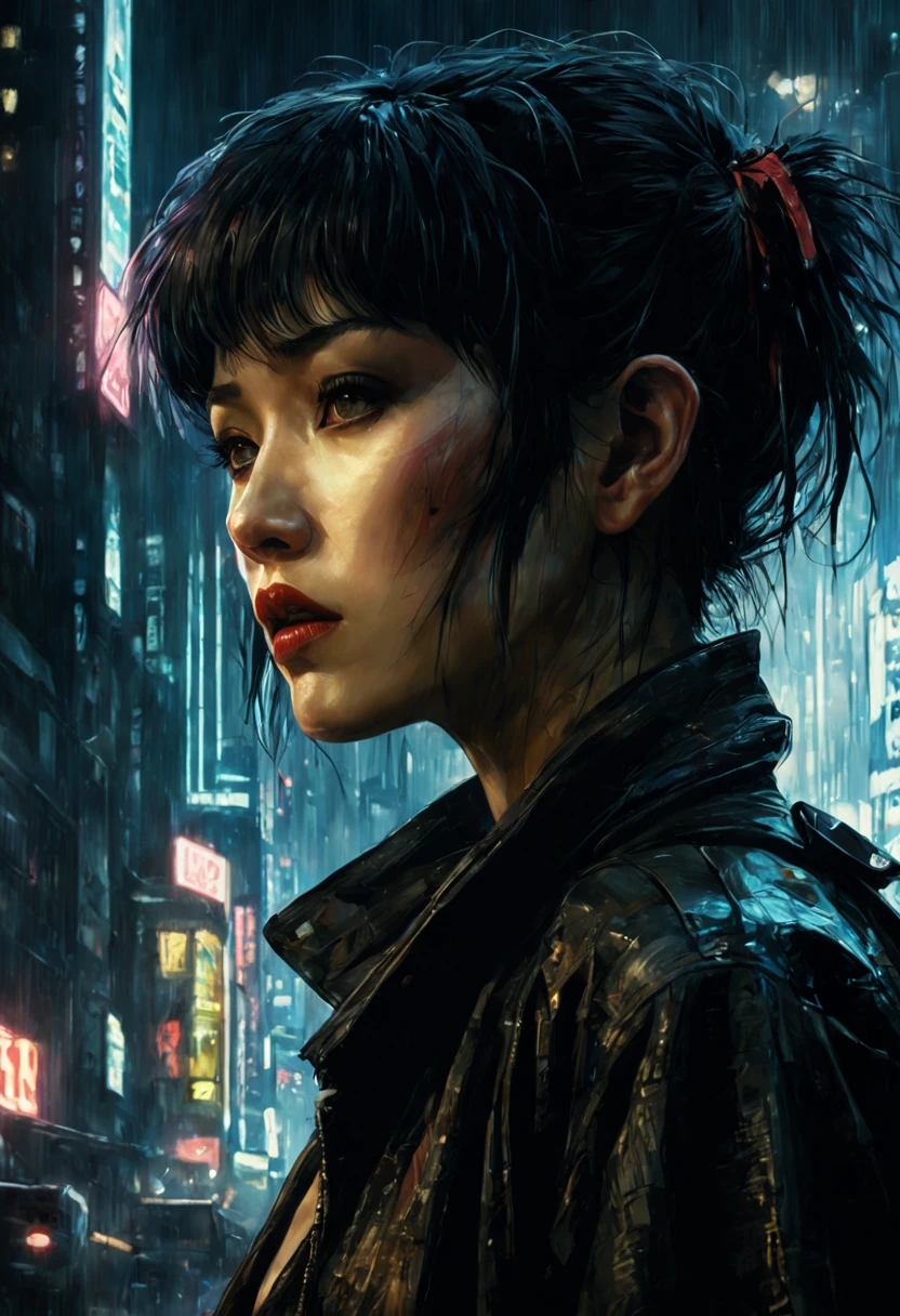 Motoko Kusanagi in Blade Runner 1982, neo noir, cyberpunk, cinema still medium shot 8k
 by Minjae Lee, Carne Griffiths, Yoann Lossel, Wadim Kashim, Carl Larsson