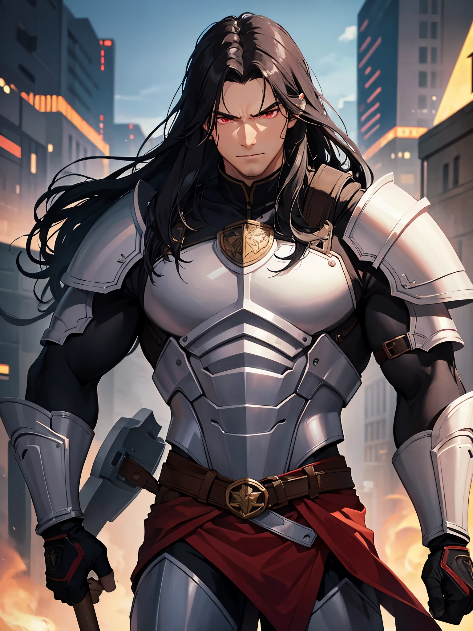 (masterpiece, best quality), best resolution, huge muscular man in late 40s, fantasy military general, flowing black hair, red eyes, plate armor, arrogant smile, arms crossed, military base