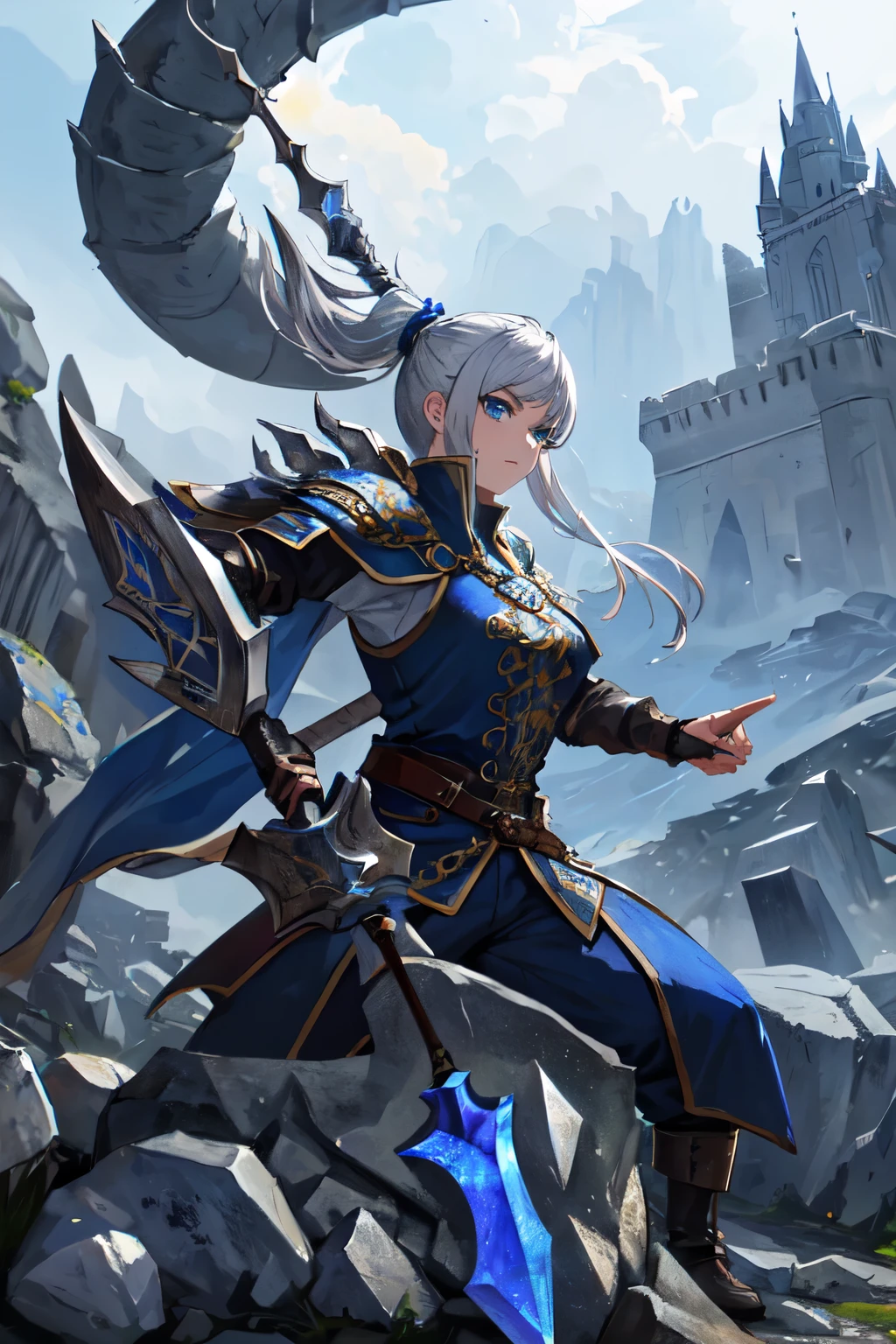 masterpiece, best quality, 8k, highres, ultra detailed, ultra detailed background, high contrast, 1girl, solo, silver hair, blue eyes, fierce, brave, warrior, dragon scales,( stone axe in hand:1.4), slashing at dragon head, medieval castle ruins in the background, dramatic lighting, expressive face.