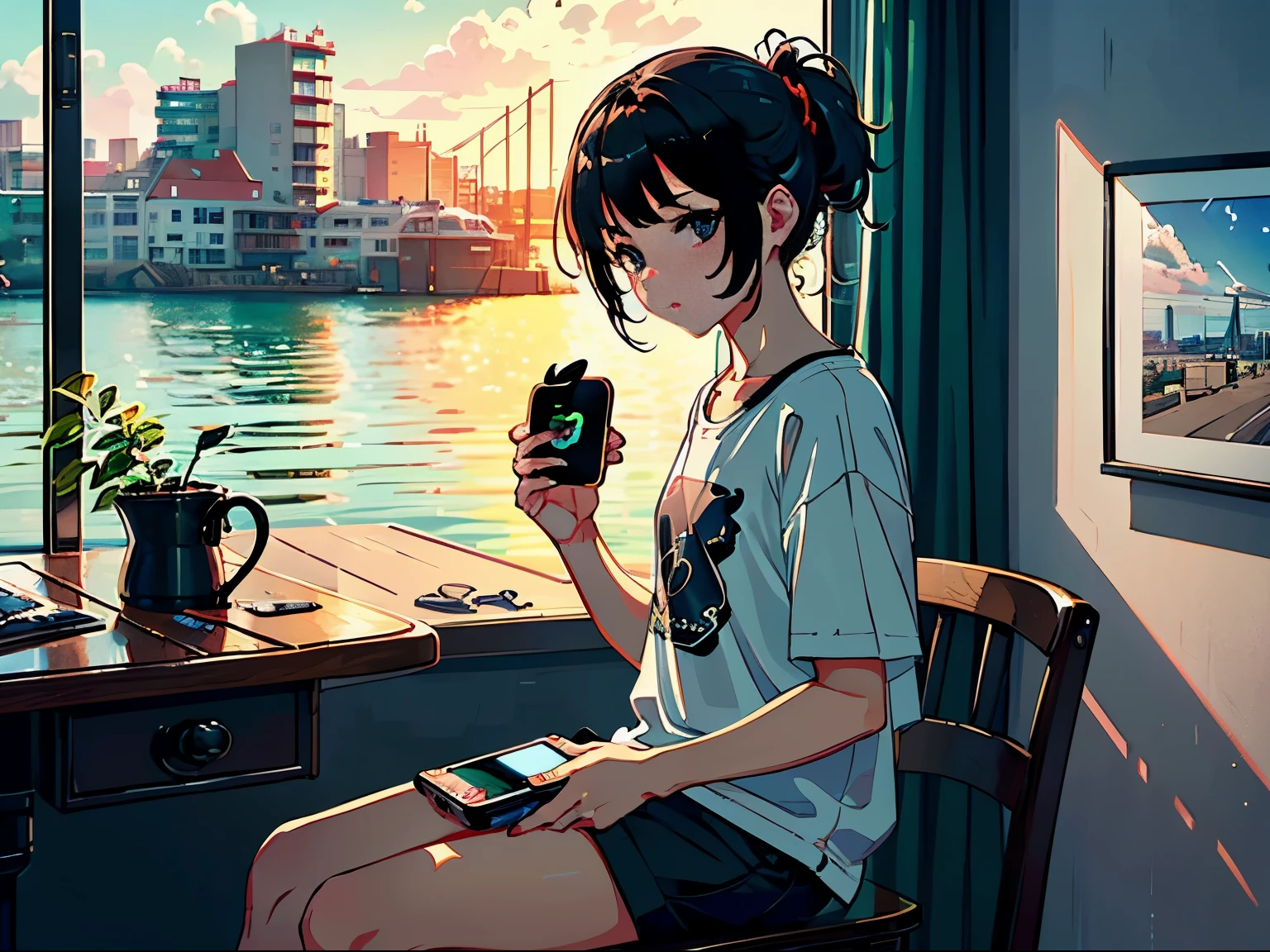 A boy in the bedroom, sitting on a chair, holding an iPhone in his hand, (holding an iPhone: 1.5), an iPhone, the man is wearing a white T-shirt in the background, sitting on a stool. The lens mainly features the upper body, in the Loepfe Art style ((New Sea City), popular in CGStation, New Hai Cheng H 2160, cute aesthetics, cute, inspired by Bian Shoumin, cute hip hop, new sea city, Kavassi, Guwitz style, high quality, 4K, 8K, resolution, -auto-s2