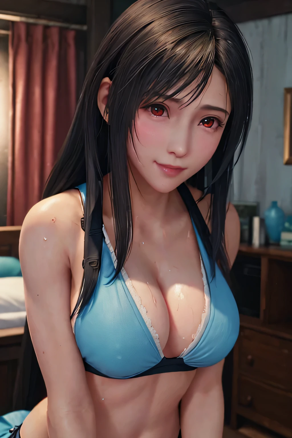 (Grabbing yourself by the chest:1.3),(Light blue bikini swimsuit:1.1),NSFW smile, blush, (Sweat, trembling:1.3),(masterpiece, highest quality:1.4),(highest quality:1.4) ,unreal engine,masterpiece,(black hair,Blue Dip Die Hair), (blush smile:1.1),very detailed, intricate details, soft lighting, 1 girl,super resolution,(realistic: 1.3),abs,highest quality, silt,very delicate and beautiful, High resolution,NSFW,black hair, long hair,beautiful detailed red eyes, round chest, big breasts,in the bedroom,blush,clavicle, blush