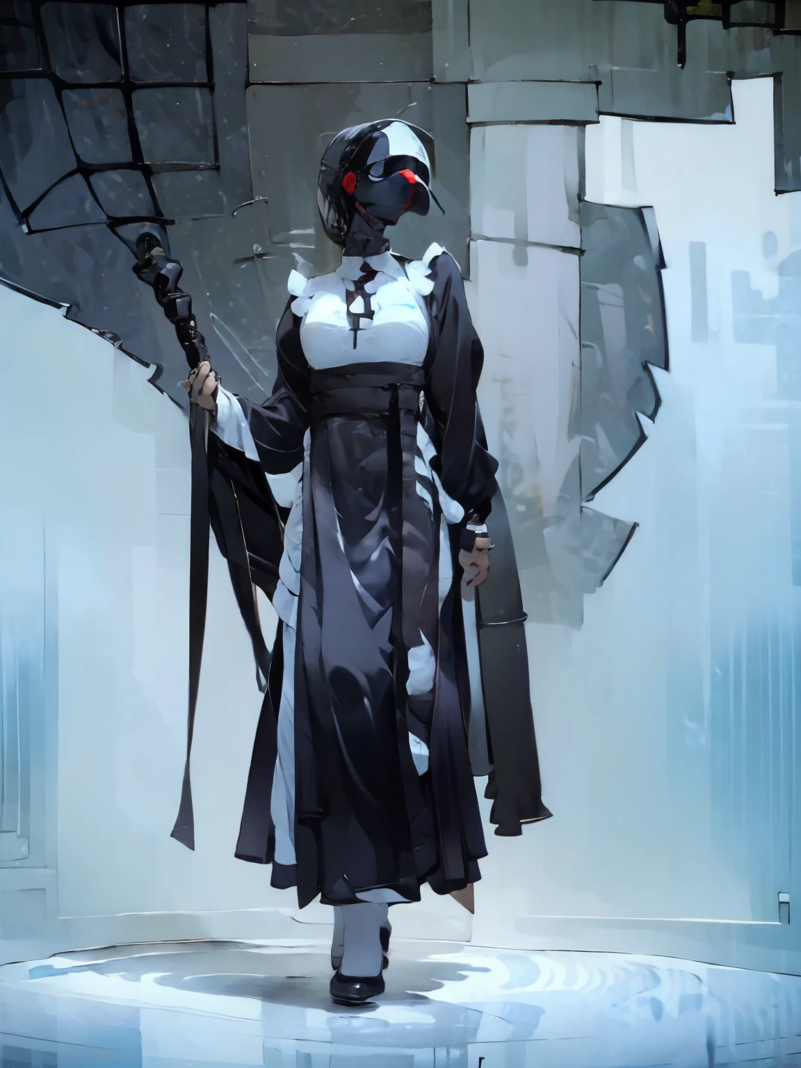 1girl, long white hair, wearing dr.plague mask, wearing nun outfit, wearing white stocking, church, absurdres, high res, ultrasharp, 8k, masterpiece, looking at viewer, wearing cross necklace, carrying big weapon cross like