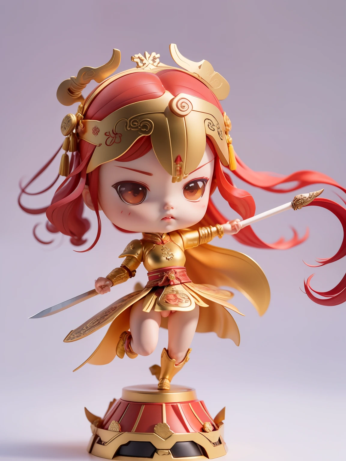 tmasterpiece、top-quality、ultra - detailed、 3D, naked girl，（（Red cape）），Nendoroid 3D, zhao yun, guan yu, Big-headed figures。Cute  in red shrimp armor。Cute expressions。Red helmet shaped like a shrimp head，The two sides of the top are decorated with two raised shrimp eyes. dressed in samurai armour。（In the other hand he holds a metal weapon in the shape of shrimp pincers）。The instrument shimmers with a metallic sheen.。Play defensive martial arts poses。Chinese Kung Fu styling。The action is dashing。Realistic characters。The hand is 5 fingers。The correct gesture to hold the weapon , nsfw