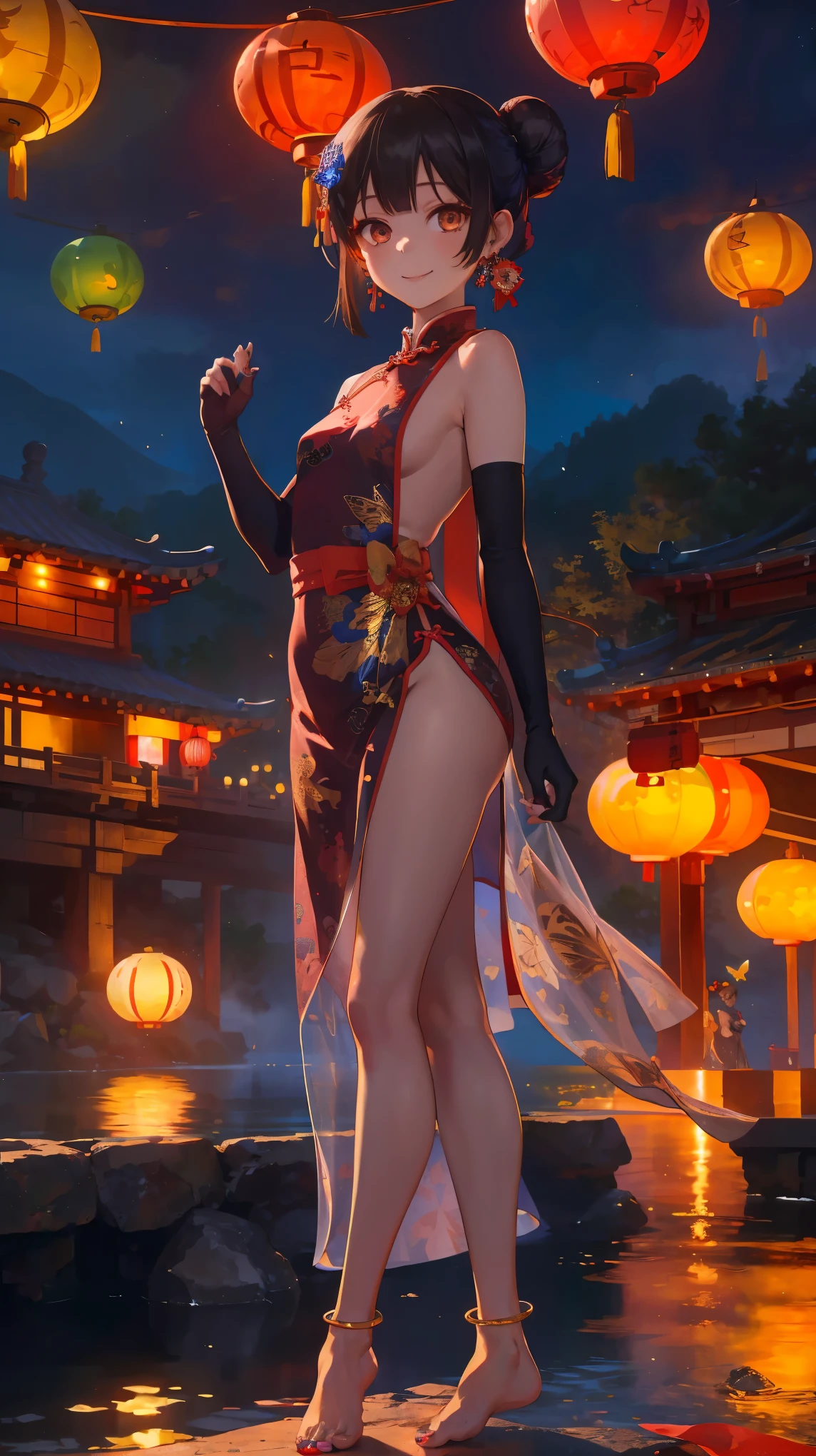 1girl, (Miyu Edelfelt),,black hair,brown eyes,seductive smile,nsfw, barefoot, see-through dress, butterfly, butterfly hair ornament, backless dress, chinese clothes,sleeveless, double bun,golden dragon print,bare foot,,elbow gloves,hair bun, hair ornament,jewelry,earrings,anklet,slim legs,nail polish, small breasts, solo, toenail polish, toenails, toes, twintails,outdoor,Chinese style architecture, Chinese style, lake, ancient town, beautiful and meticulous water,the red lantern,fireworks,