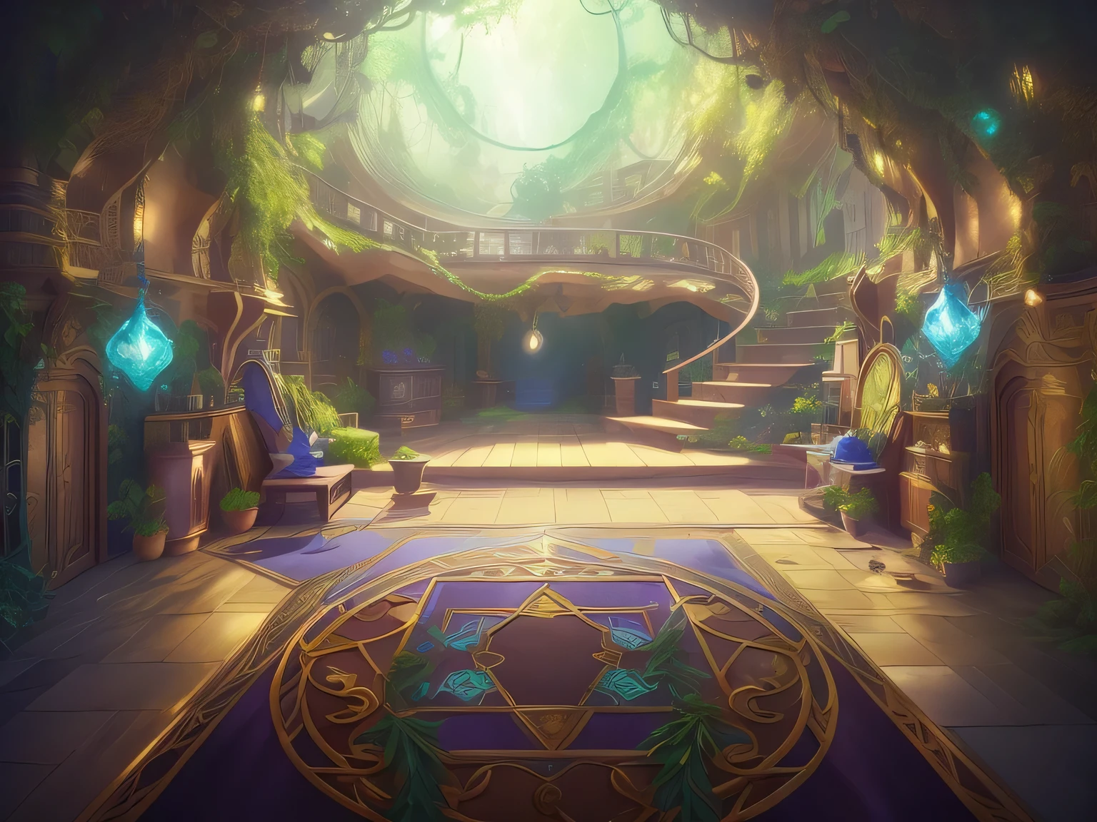 have a room，There are many plants and a big tree, Fantasy Alchemist Laboratory, interior background art, alchemist library background, Magic Fantasy 2D Concept Art, Art Nouveau Jungle Environment, background art, Magic laboratory background, Fairy tale style background, Download Concept Art Gallery, magic area, magical environment, Stunning mysterious background, Wizards Laboratory  (Extremely detailed CG unified 8k wallpaper,masterpiece, best quality, super detailed),(best lighting, best shadow, extremely delicate and beautiful),floating,high saturation,[house with flowers around:1.3, Representing the beauty that comes with rebirth and resilience]