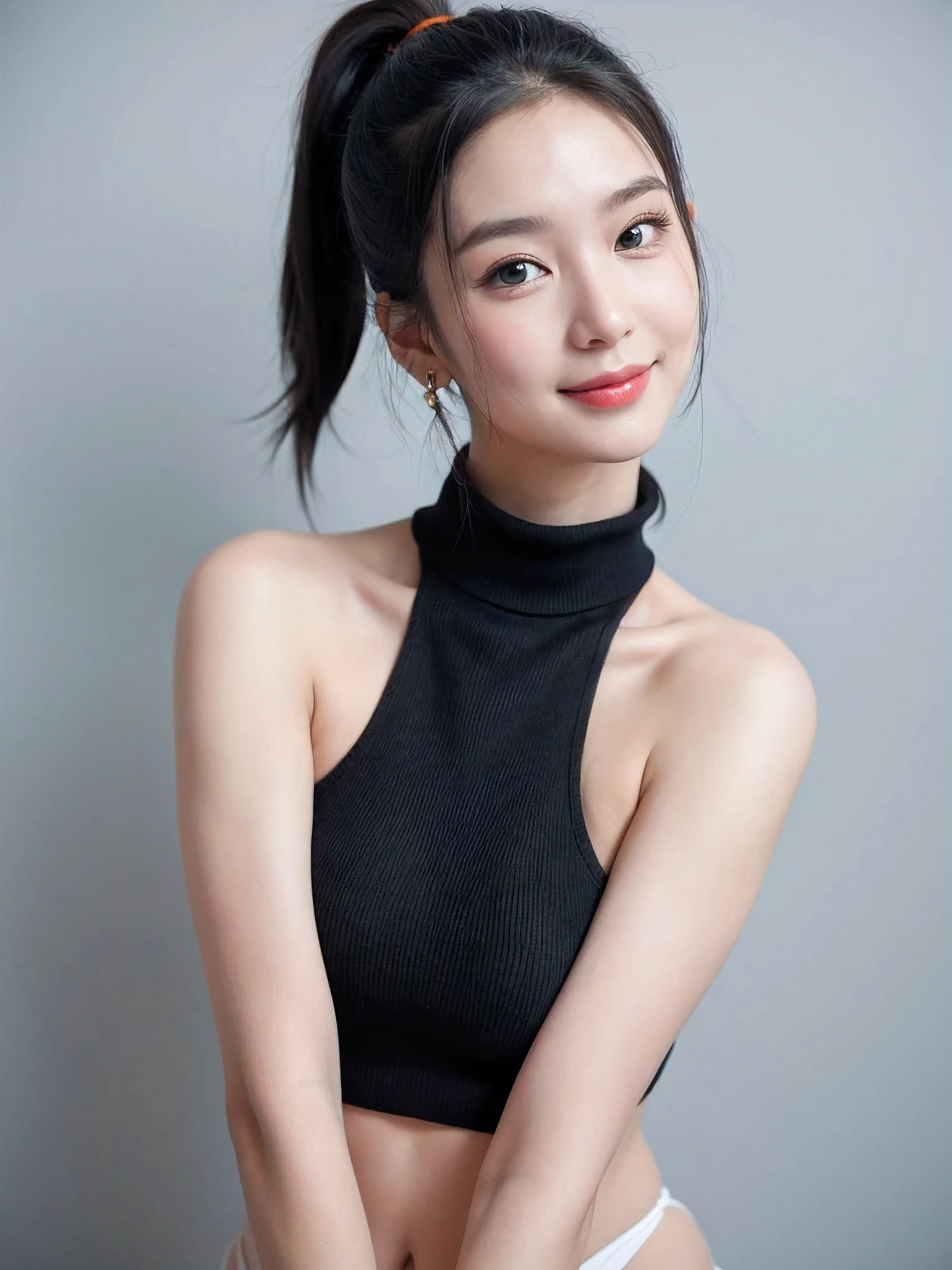 woman, beautiful face, perfection face, blue eye fully black ponytail hair, pale white skin, 小さなsmile, sexy, perfection, Face zoom in, Take the photo close to your face against a completely white background wall, emerald, highest quality, detailed, Canon EOS 80D Photo, Tall face, indoor, 

((shiny slingshot bikini))
32k sexy female models , huge breasts, eye, Twin-tailed black-haired only daughter, beautiful face, earrings, (Portrait photography), wearing (orange turtleneck sweater:1.2) )smile
