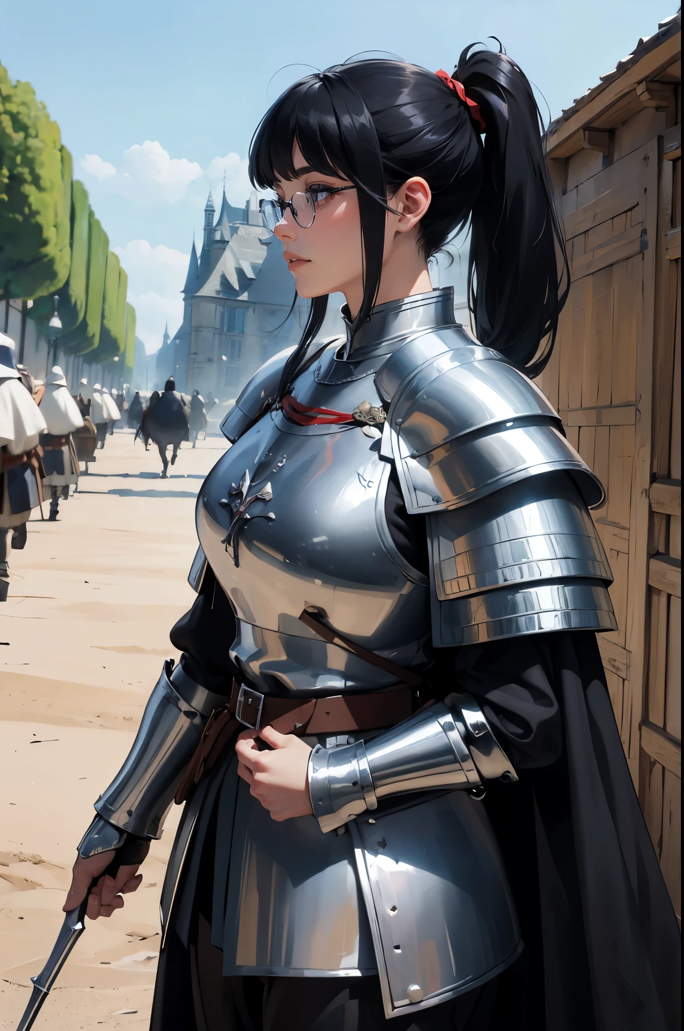 ((wide angle shot of the Hundred Years' War in France)), a beautiful woman, black hair in a ponytail, bangs, wearing glasses, wearing Jeanne d'Arc armor