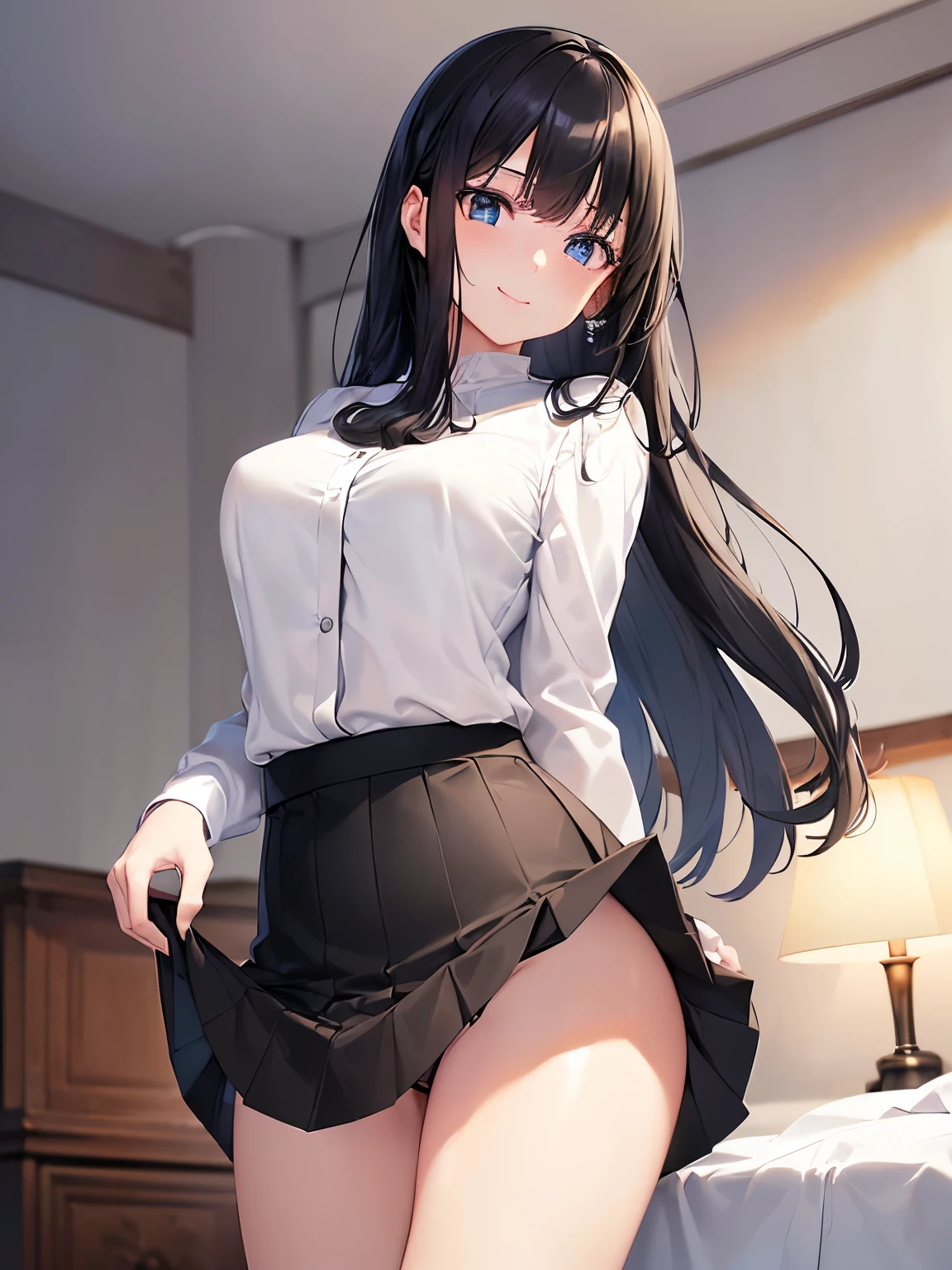 ((masutepiece, Best Quality)), ((hight resolution)), (photos realistic), Best Shadow, high detailing, Very detailed, (nice hand, Perfect hands), (Face Focus:1.2), ((1girl)), Beautiful Girl, 25 years old, blue eyes, (black long Hair:1.5), (normal :1.3), (Smile:1.3), Glossy white skin, (view from front:1.3), (Very slender:1.3), (Cute face:1.3), (look at viewer:1.4), detailed facial features,droopy eyes, Crisp focus, perfect beautiful body and face, Perfectly focused, (standing:1.4), Long bangs, (in the bedroom:1.4), ((white blouse:1.4)), ((black mini skirt:1.4)) (skirt lift:1.5), (smile), ((g-string:1.3)), nsfw, creavage