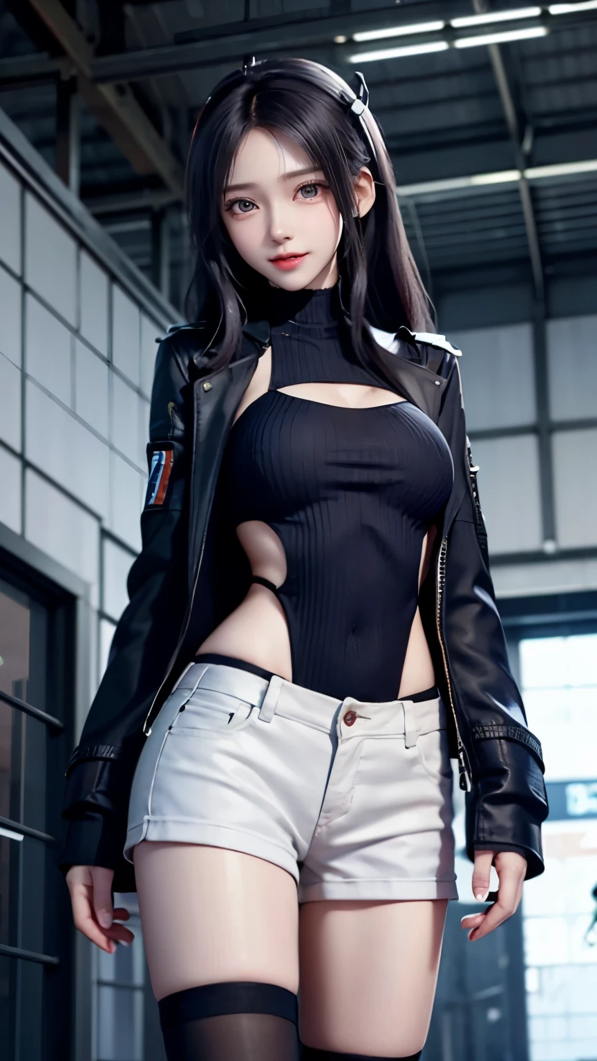 Carrot、Supermodel、perfect shape、Muchimuchi、Three girls are looking at the viewer、 3 girls、、Thighhighs、beautiful feet、hot pants、coat、cyber punk、headphone、gentle smile、Seen by girls from below、Innocent face