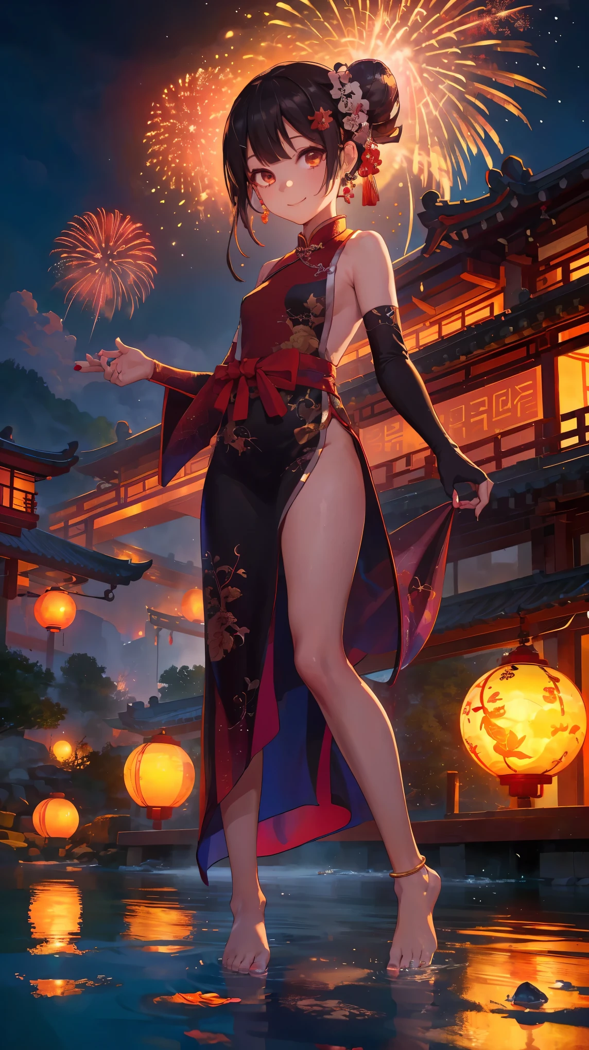 pov,1girl, (Miyu Edelfelt),loli,black hair,brown eyes,seductive smile,nsfw, barefoot, see-through dress, butterfly, butterfly hair ornament, backless dress, chinese clothes,sleeveless, double bun,golden dragon print,bare foot,,elbow gloves,hair bun, hair ornament,jewelry,earrings,anklet,slim legs,nail polish, small breasts, solo, toenail polish, toenails, toes, twintails,outdoor,Chinese style architecture, Chinese style, lake, ancient town, beautiful and meticulous water,the red lantern,fireworks,