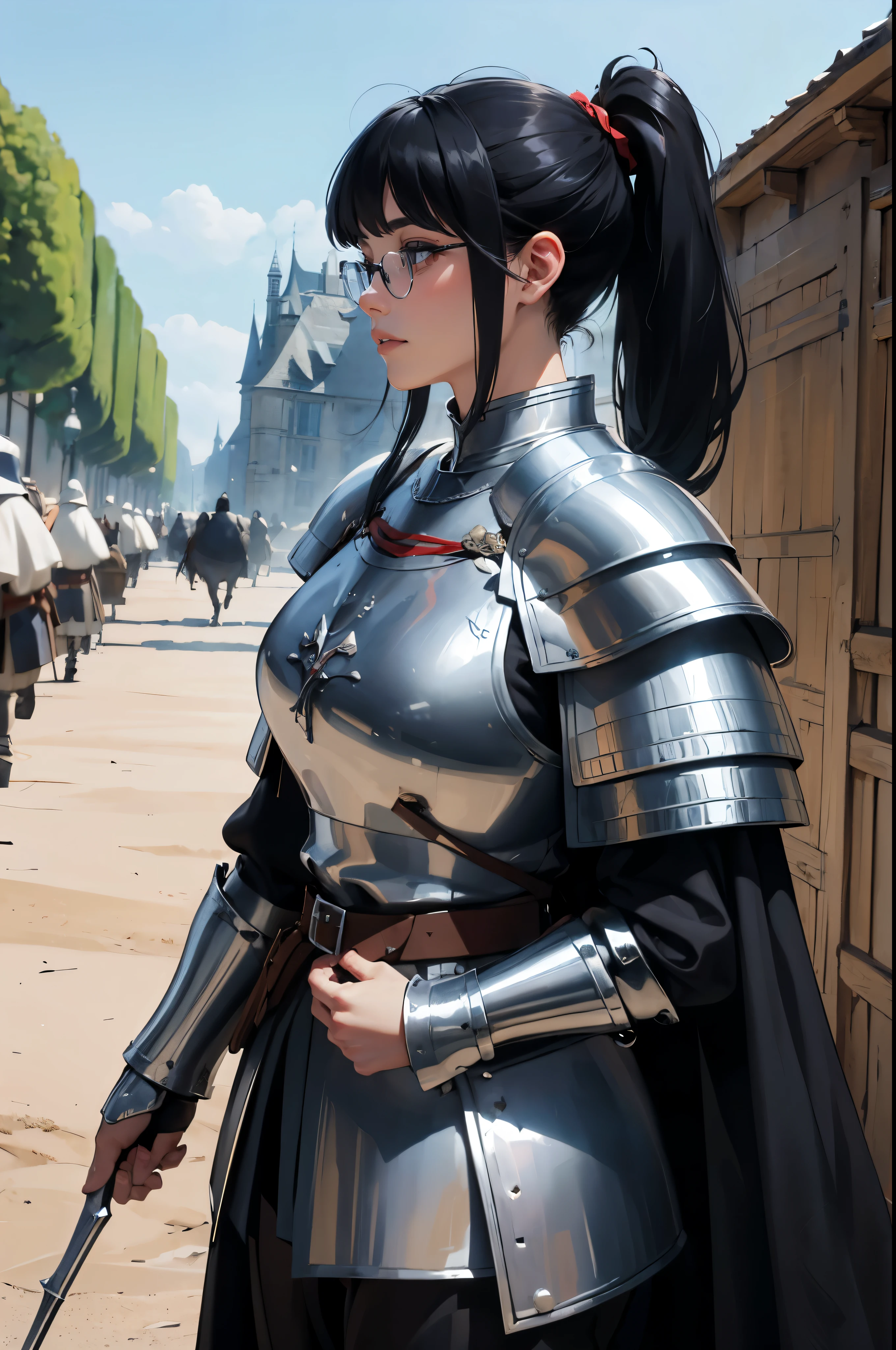 ((Wide angle view of the Hundred Years&#39; War in France)), beautiful young woman, black hair in a ponytail, smooth, wear glasses, สวมชุดเกราะของ Jeanne d&#39;Arc