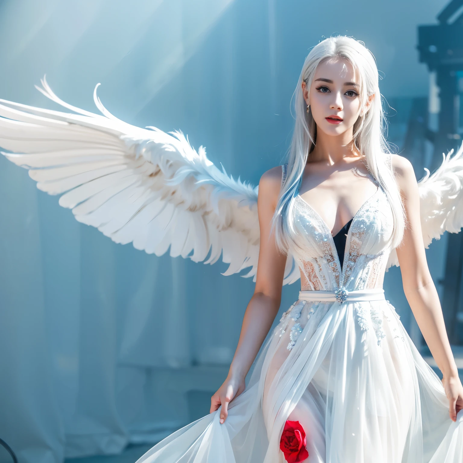 ((top quality、8k、​Masterpiece:1.3))、Extremely delicate and beautiful girl，Very white skin，fiery red lips，Waist is very thin，Thighs are very thin，，White and smooth skin，Smooth and fair skin，flawless skin，Fair and shiny skin，cold white skin，The camera focuses on the chest，bright light，hair is white，A pair of huge white wings on the back，hazy light rays，white background，Long white dress，White hair，white hair，sad，Shed tears