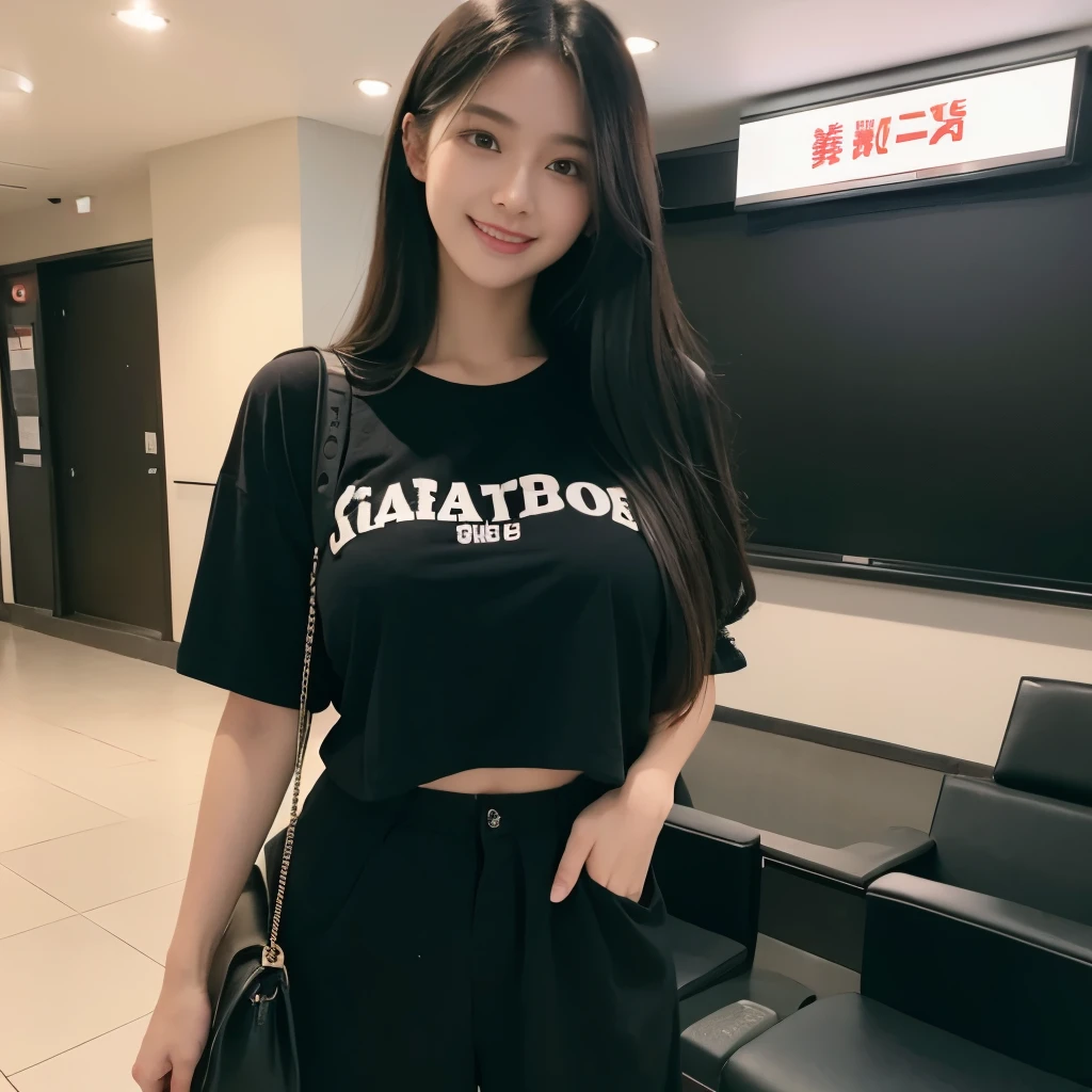 20 year old girl,Beautiful girl,big breast,long hair, oversized black t-shirts and pant, cute smile,cute girls bag on back ,photo from cinema theater lobby , ready for movie show, 8k , 16k, hyper realistic, hyper details, 