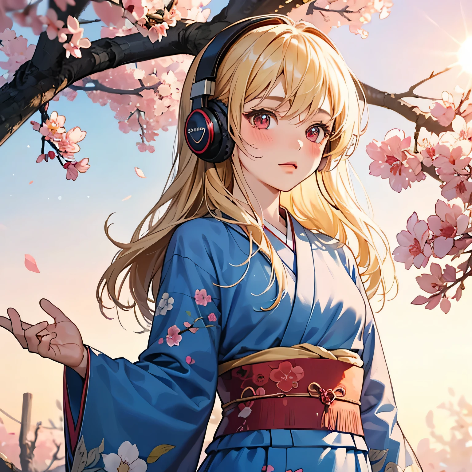 blush、blonde、red eyes、美しい女の子がalone、listen to music、headphones、and soul、alone、kimono、lonely、cherry blossomorning、Phone - car
