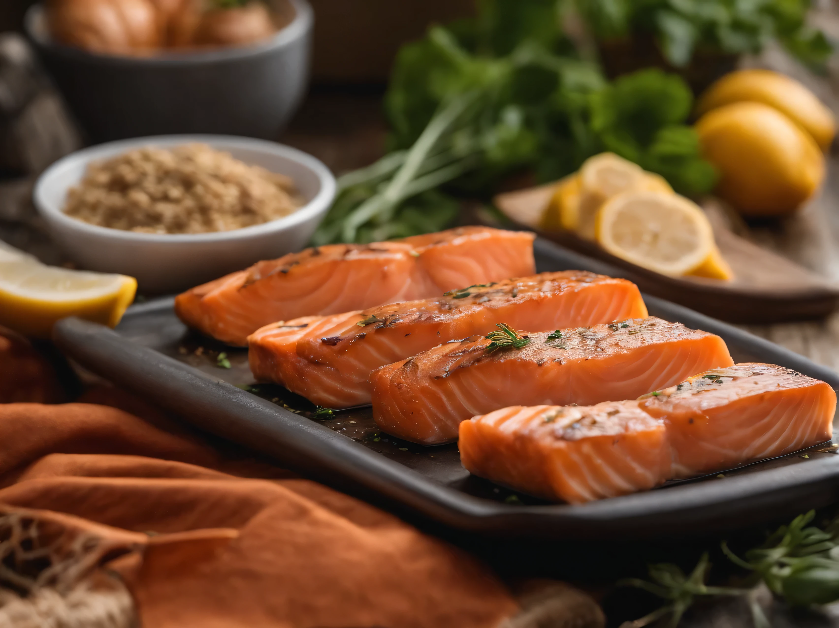 Perfect baked salmon, hyper quality, bright tone, product view, kitchen background, sharp focus,centered composition, natural lighting, photo real, photo realistic, award – winning photography,high contrast, 8K, --v 5.1 --ar 16:9 --upbeta --q 2