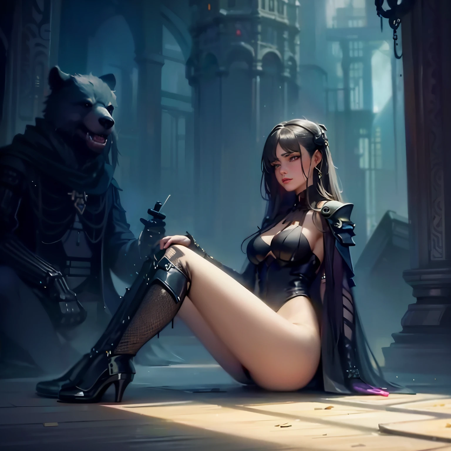 A woman in black clothes sits on the floor next to a bear, A captivating cyberpunk dark fantasy, wlop and ross tran, wallop and art germ, dark fantasy style, Elegant cinematic fantasy art, in style of dark fantasy art, Los Tran and Wallop, Dark fantasy mixed with realism, dark fantasy style art, digital fantasy art )