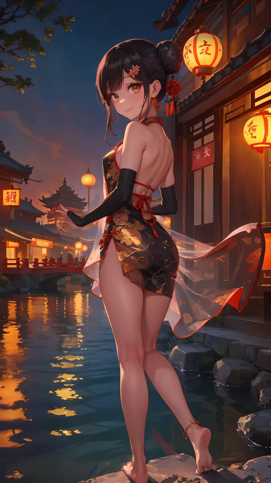 pov,1girl, (Miyu Edelfelt),loli,black hair,brown eyes,seductive smile,nsfw, barefoot, see-through dress, butterfly, butterfly hair ornament, backless dress, chinese clothes,sleeveless, double bun,golden dragon print,bare foot,,elbow gloves,hair bun, hair ornament,jewelry,earrings,anklet,slim legs,nail polish, small breasts, solo, toenail polish, toenails, toes, twintails,outdoor,Chinese style architecture, Chinese style, lake, ancient town, beautiful and meticulous water,the red lantern,fireworks,