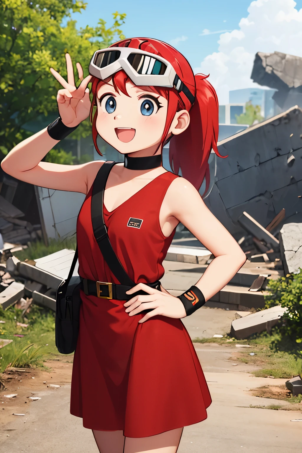 tpream,red hair,pony-tail,red dress,1girl,solo,goggles,wristband,choker,helmet,looking_at_viewer,ruins,:d,