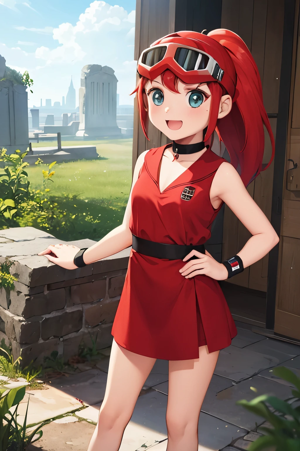 tpream,red hair,pony-tail,red dress,1girl,solo,goggles,wristband,choker,helmet,looking_at_viewer,ruins,:d,