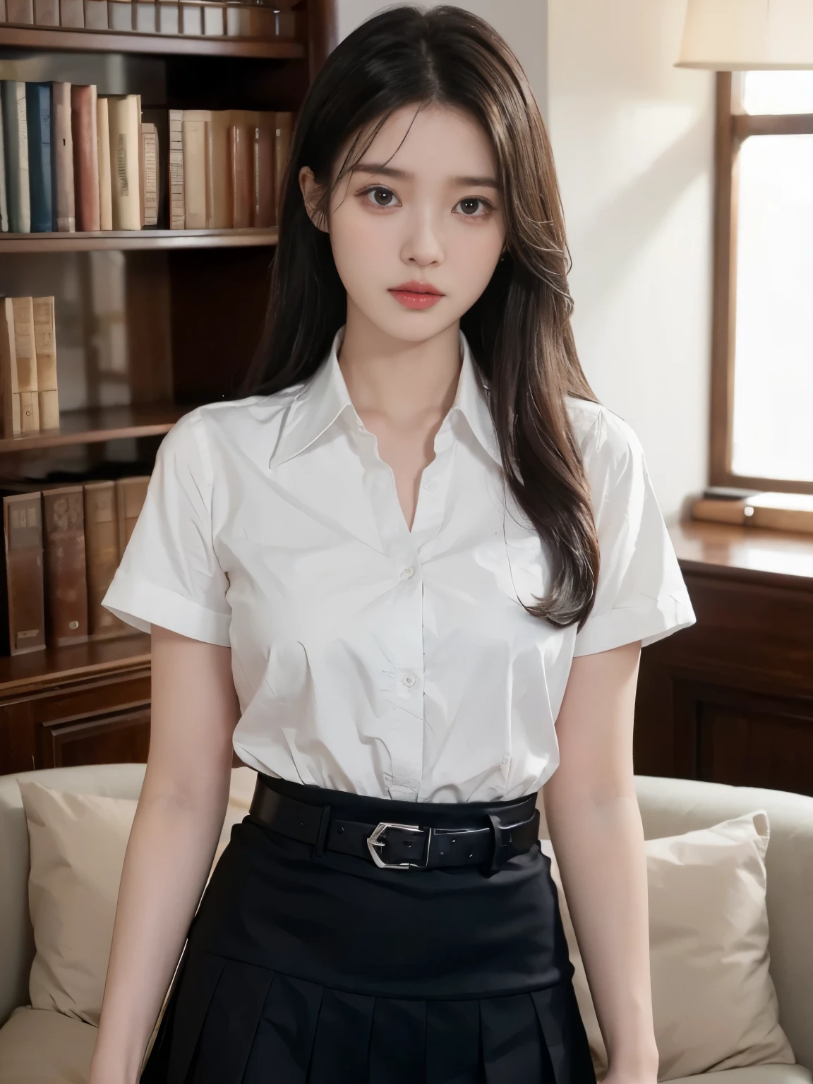 solo, 1girl, shirt, belt, skirt, indoors, white shirt, long hair, black hair, looking at viewer, bookshelf, collared shirt, short sleeves, couch, book, black skirt, standing, shirt tucked in, pleated skirt,  photorealistic, ultra face detail, best quality, high resolution, 8k, 4k, HDR,