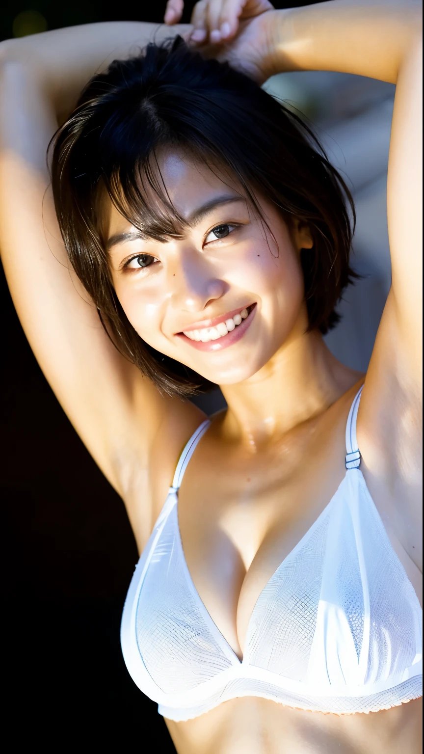 ((highest quality)), ((masterpiece)), (be familiar with), perfect face, realistic skin texture,photo of cute japanese woman, super short hair:2.0,looking at the viewer,boyish、fine、tanned skin、big smile、No bra、Clean armpits、Big Pose、wet and shiny skin、wink、stick out tongue、shift one side of the bikini、show breasts