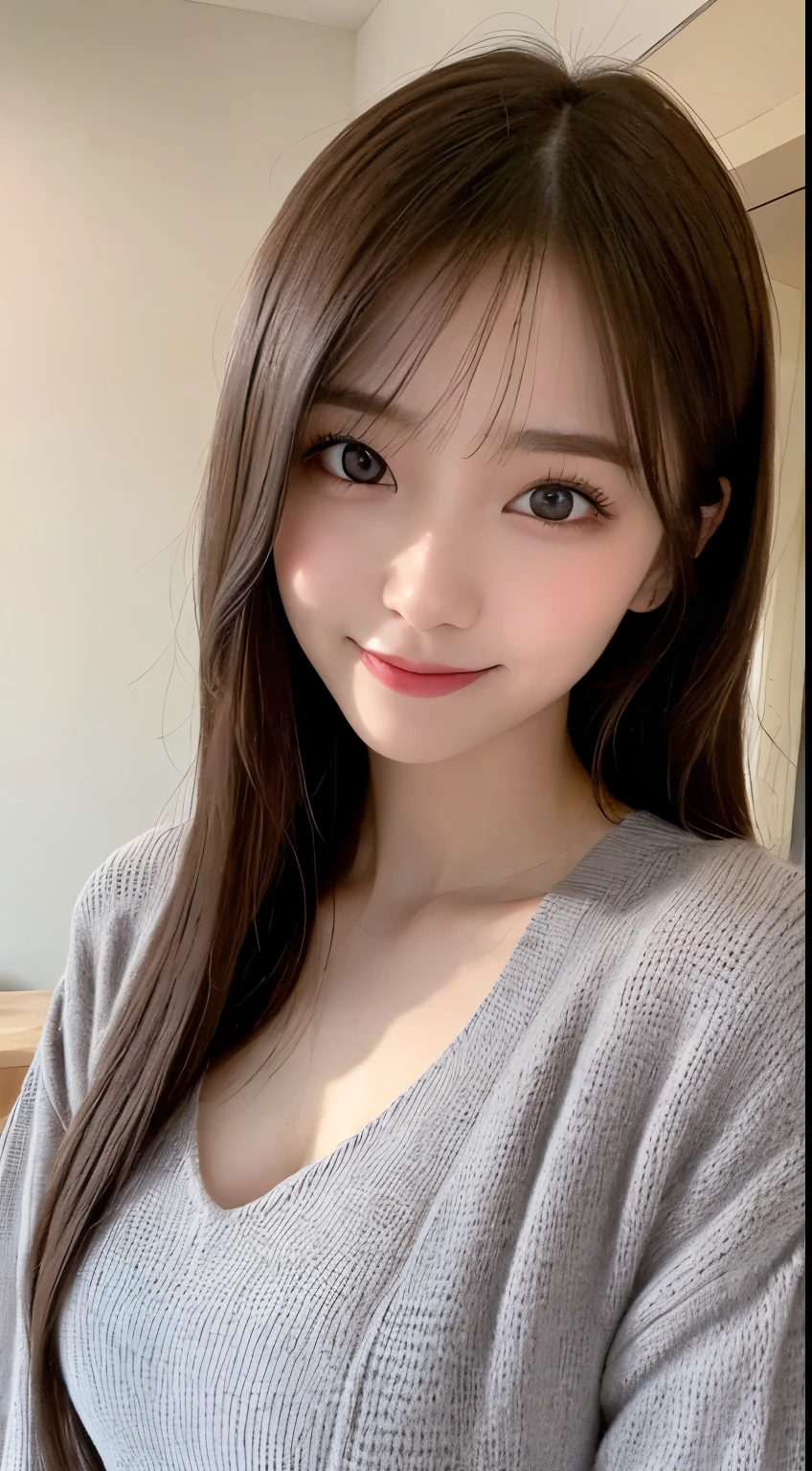 table top, highest quality, shape, Super detailed, finely, High resolution, 8k wallpaper, 完璧なダイナミックな構shape, beautiful and detailed eyes, Tokyo trend knit dress, small breasts, natural color lip,優しいsmile,20 year old girl、美しくdetailed face、perfect and beautiful face,Big eyes、美しくdetailed face、perfect and beautiful double eyelids、blur the background、perfect and beautiful face、Feminine poses、blur background、slim face and style、blur the background、straight hair、Wear a luxurious mink coat、Bedroom（navy sheets）、lying on the bed、smile、Take a close-up photo of your face、 (get closer to the face, zoom in on the face, face focus:1.0), break, (masterpiece, highest quality, super detailed, detailed face, 8k)、real photos、perfect and beautiful face