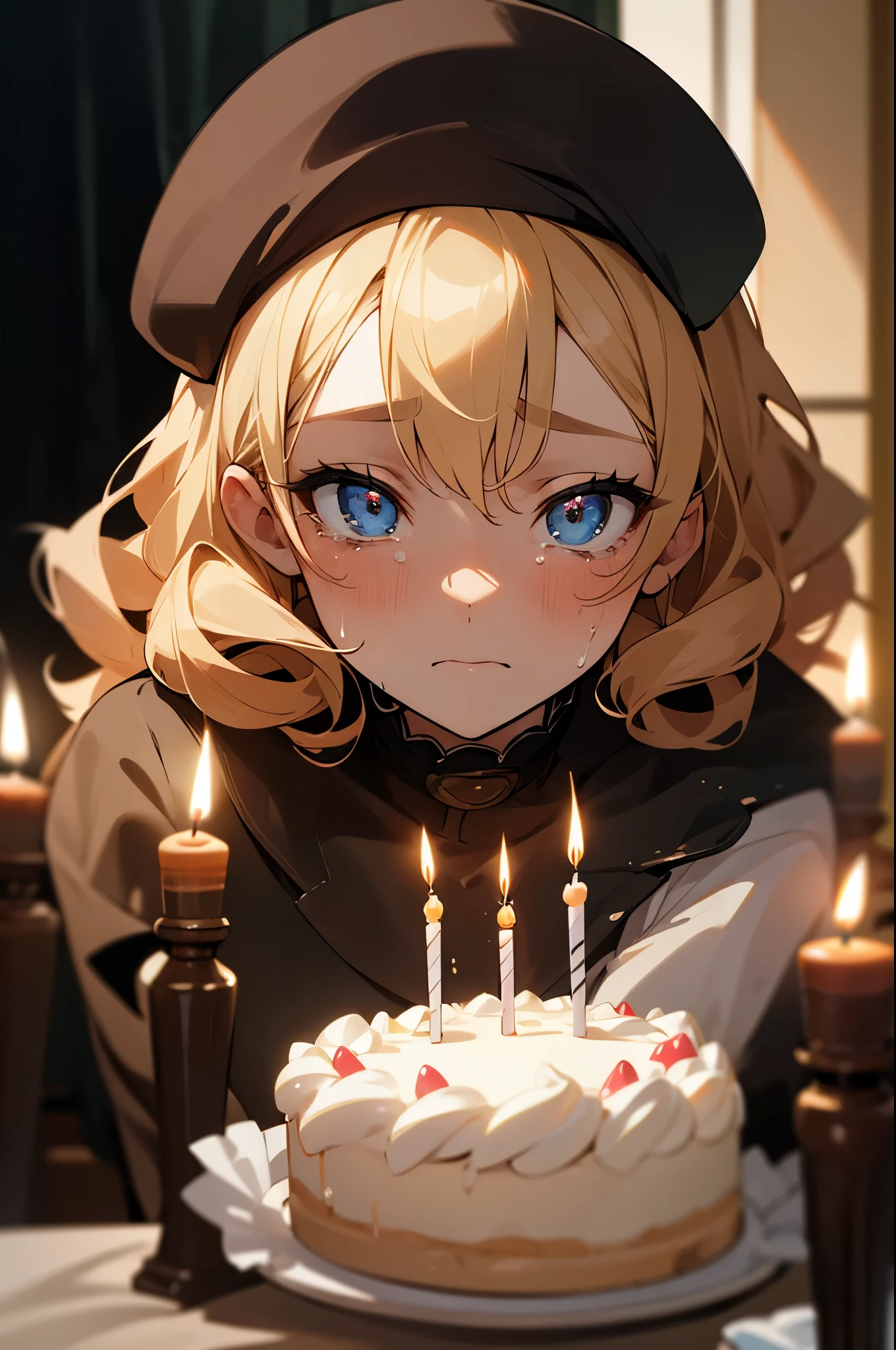 (masterpiece), best quality, expressive eyes, perfect face, birthday decoration, wearing birthday hat, living room, sad expression, birthday cake on table, candle light, light off, blond curly hair, modern furniture, 18 years old, adult, big , 1girl, tears roll down.