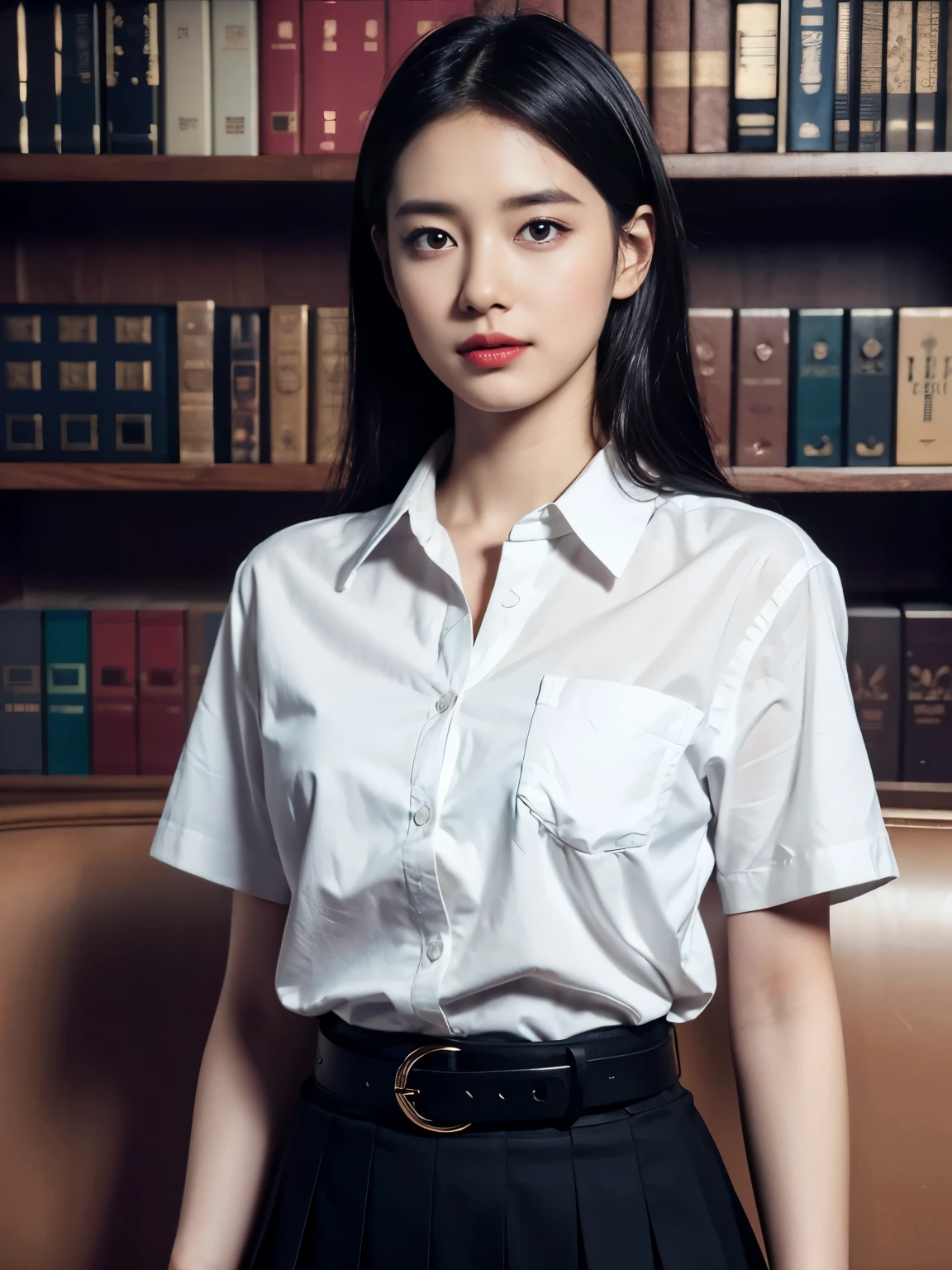 solo, 1girl, shirt, belt, skirt, indoors, white shirt, long hair, black hair, looking at viewer, bookshelf, collared shirt, short sleeves, couch, book, black skirt, standing, shirt tucked in, pleated skirt,  photorealistic, ultra face detail, best quality, high resolution, 8k, 4k, HDR,