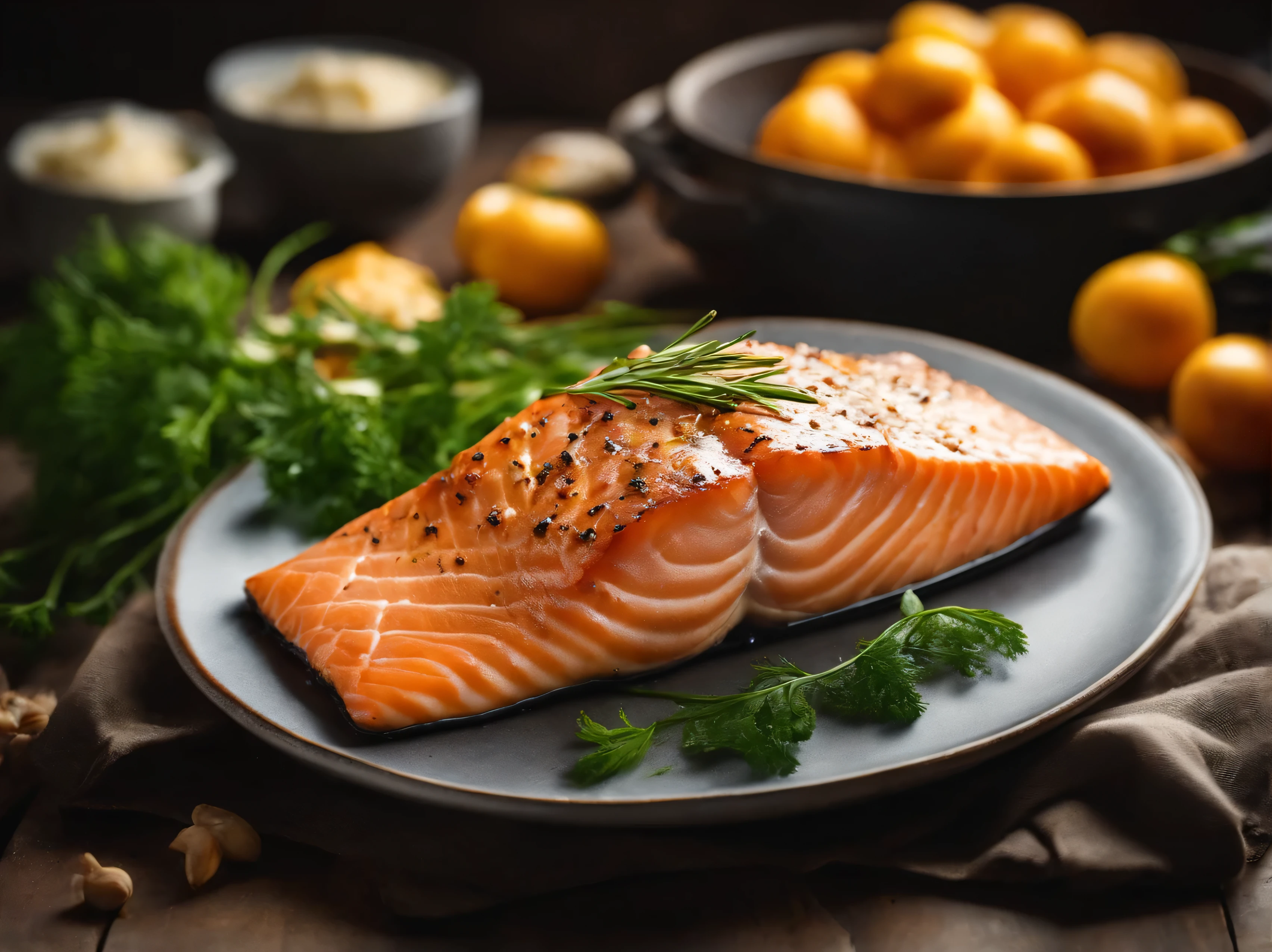 Perfect baked salmon, hyper quality, bright tone, product view, kitchen background, sharp focus,centered composition, natural lighting, photo real, photo realistic, award – winning photography,high contrast, 8K, --v 5.1 --ar 16:9 --upbeta --q 2