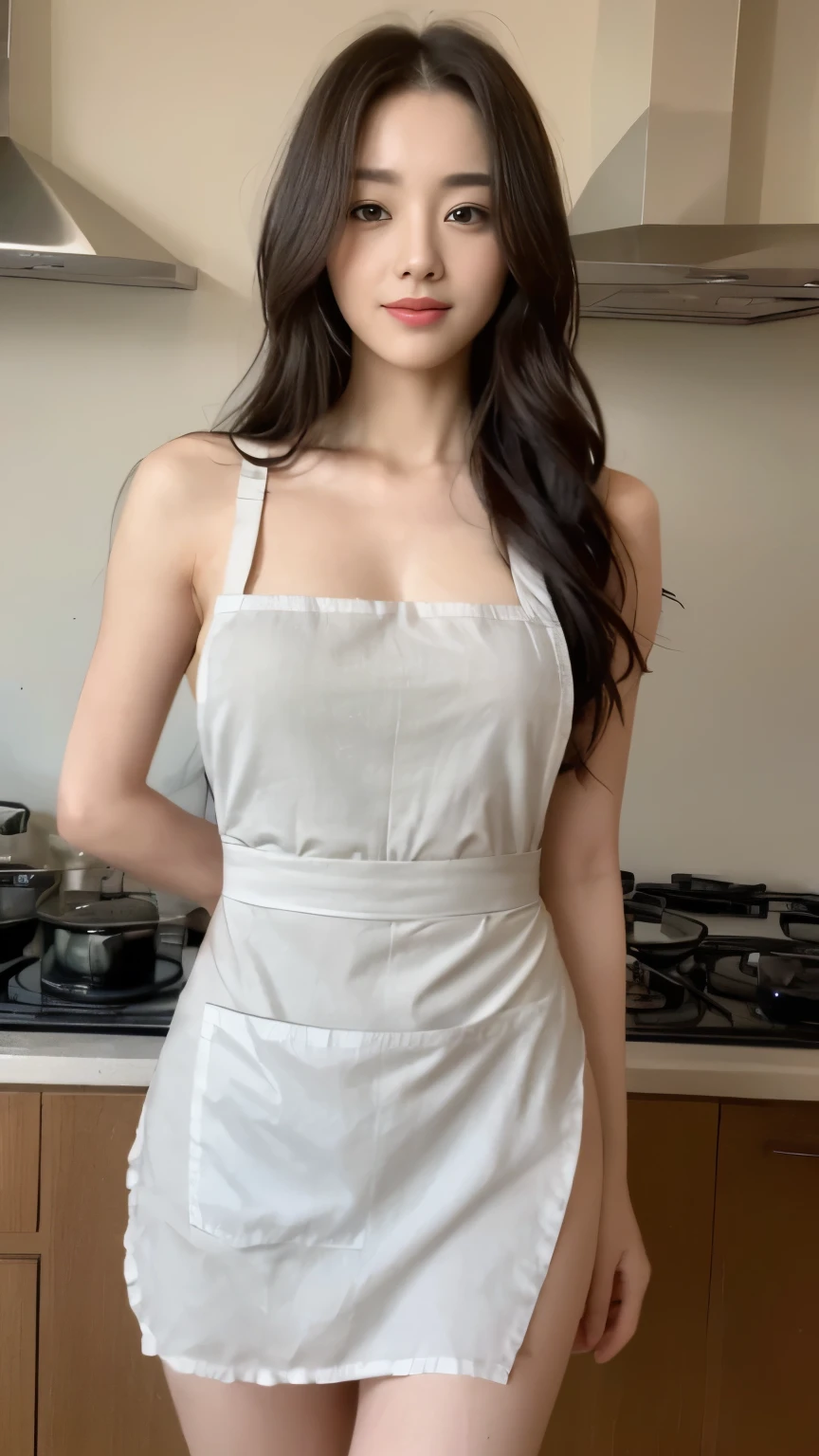 ((top-quality、8k、​masterpiece:1.3))、Beautiful woman with perfect body:1.4、slim abdomen:1.2、Longhair, normal breast, Highly detailed facial and skin texture, A detailed eye, delicate eyes, double eyelid, (smile), (full body shot), ((kitchen)), (standing), (((wearing apron)), looking in front