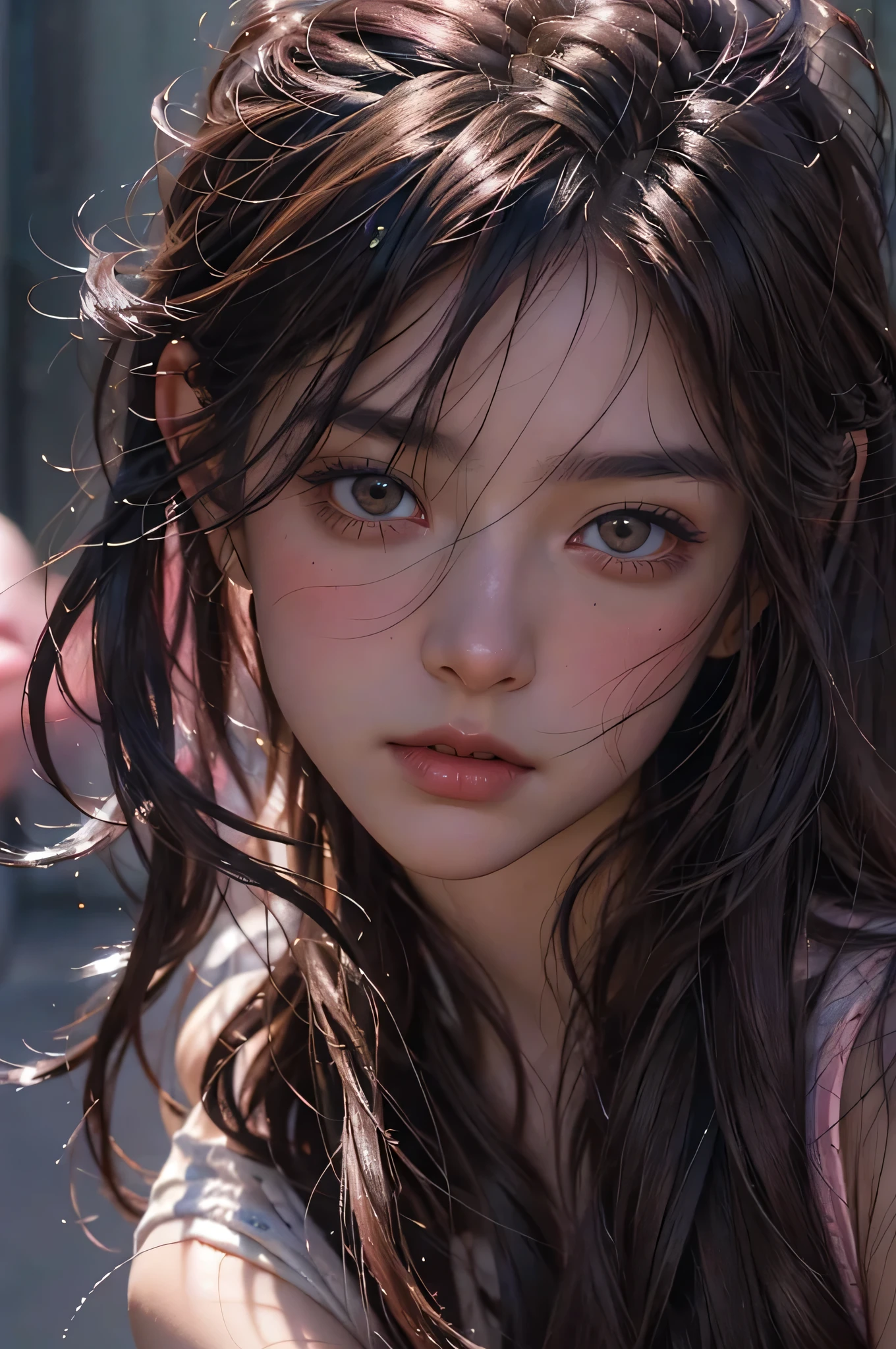 smooth hair、devil、silver hair、(dark brown eyes:1.2),Analog 150mm Renault Tiful Natural Soft Rim Light、Watercolor Touch、Bleeding、a woman by agnes cecile, luminous design, pastel colors, ink drips, spring lights,Artistic,black and pink、Counterattack