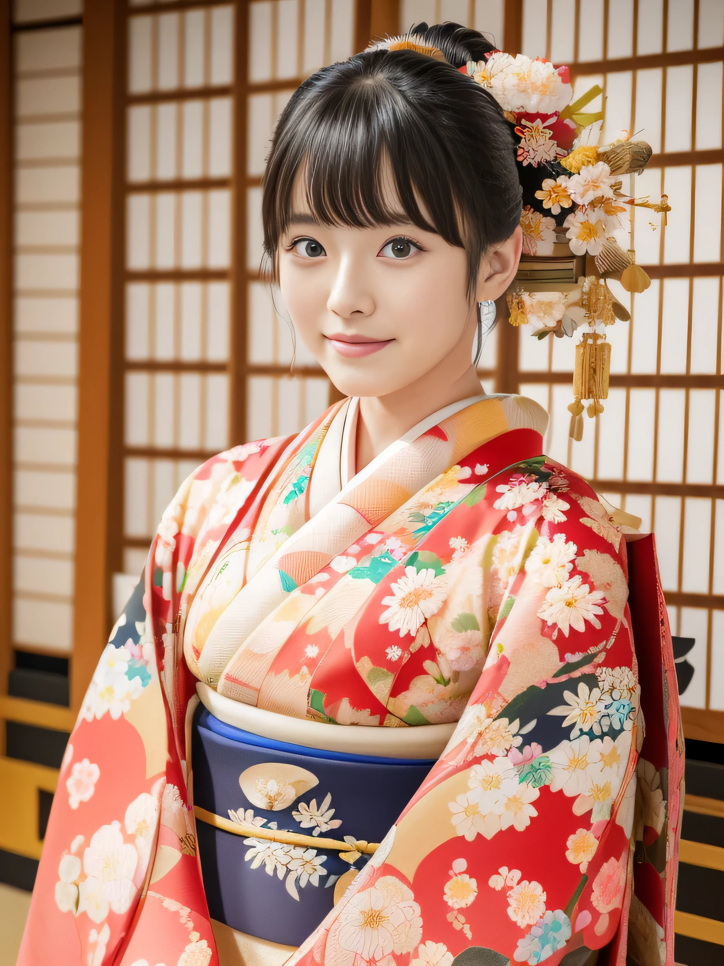 One beautiful Japanese model, 15 year old female model,  4k、super high quality、bangs、black haired、Kyo-Yuzen、(kimono, Furisode、Japanese style floral pattern:1.5)、(Super cute face with idol style:1.4)、slim and beautiful body、beautiful breasts、laughter、Full body Esbian:1.2、