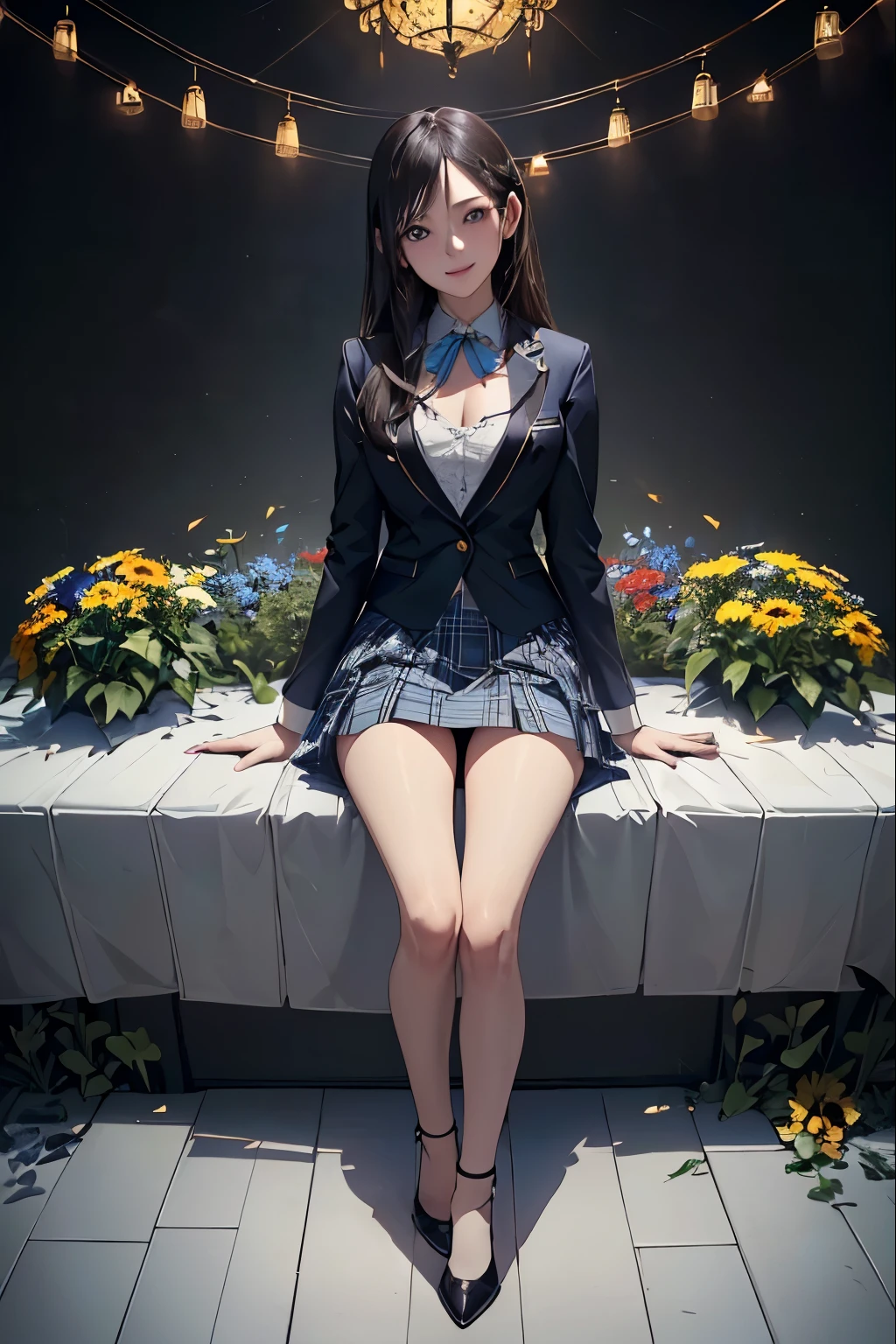 NSFW, ((Standing upright with one leg in front of the other)),(full body shot, full body view), ((cute and symmetrical face)),8k, masterpiece, RAW photo, best quality, photorealistic, extremely detailed CG unity 8k wallpaper,(biologically correct form),(masterpiece:1.2, top-quality), (realistic, photorealistic:1.4), beautiful illustration, (natural side lighting, movie lighting), looking at viewer, ((focus on face)), 1 girl, 25 years old, perfect face, perfect body, shiny skin, beautiful hair, beautiful face, beautiful eyes, beautiful detailed eyes, beautiful body, beautiful chest, beautiful arms、beautiful thigh, ((beautiful long thin legss)), (small butt),blush, (symmetrical black Stiletto heels and anklets), (biologically correct form), (lovely smile), (((blue blazer, close clothes), white collared shirt, black plaid pleated skirt, dark red tie), (symmetrical black garter stockings))、clear、The background is a flowerbed with sunflowers.