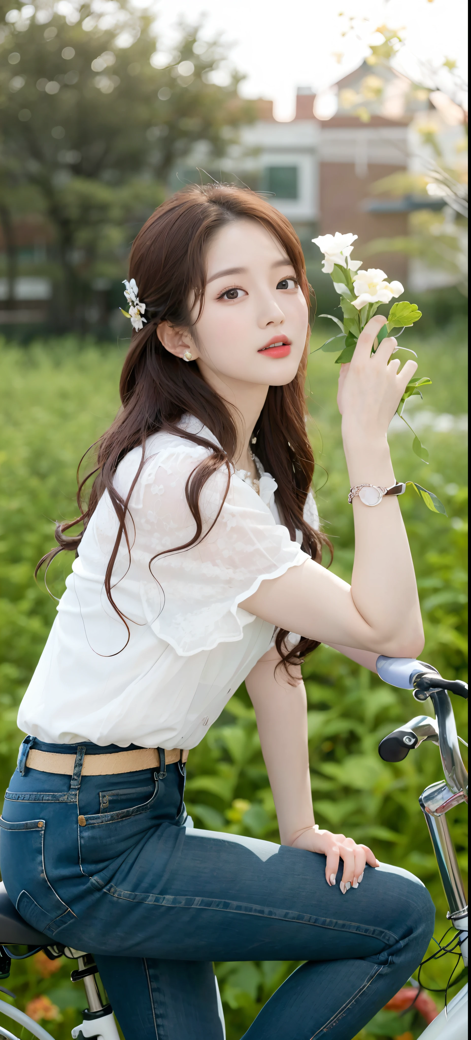 Arad woman sitting on a bicycle,holding a flower in hand, Chinese girl, Beautiful young Korean woman, a lovely young woman, beautiful korean woman, Beautiful young Korean woman, Dilireba, There are flowers, Korean female fashion model, li zixin, a young asian woman, lovely young woman, beautiful girl