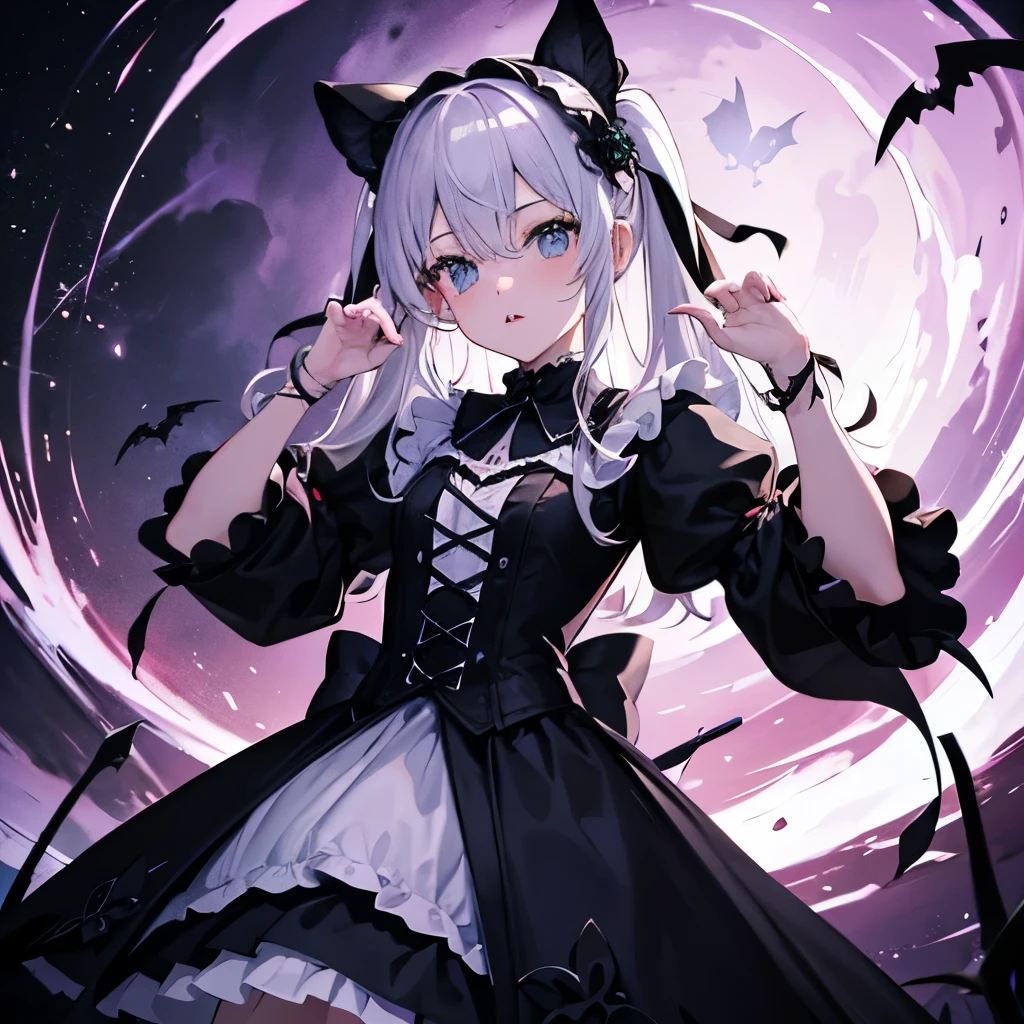 Deep Color、dark pastel colors、8K, highest quality, masterpiece, super detailed、In the center is a beautiful girl in a gothic lolita outfit.、big disaster々I have a new ax、A beautiful girl in a Gothic Lolita outfit, symbolizing darkness and death.、sticking out tongue、Provocation pose、provocative attitude、Numerous skeletal arms protrude from the ground.、disaster々It emits a dark aura、Bats are flying、Desolate wilderness、
