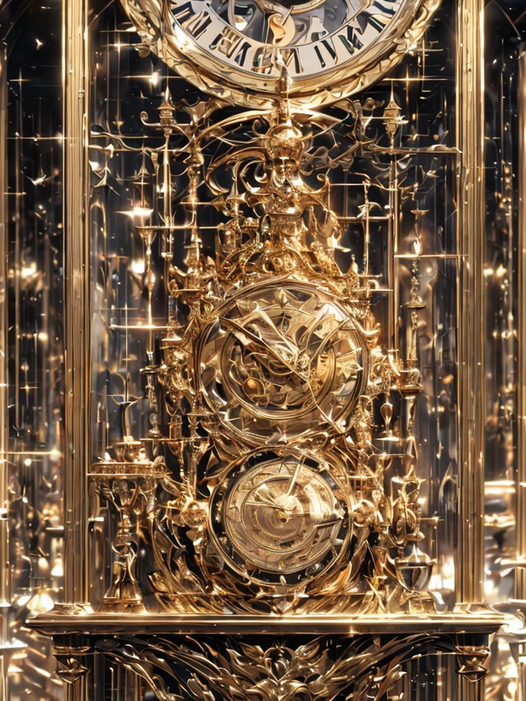 (best quality,4k,8k,highres,masterpiece:1.2), ultra-detailed, (realistic, photorealistic, photo-realistic:1.37), golden clock god, head of a giant clock, body wearing metal armor, steam gauge on the chest