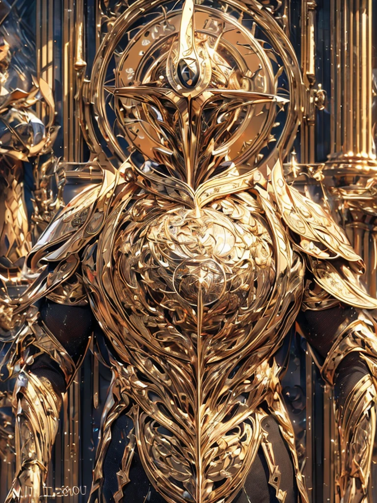 (best quality,4k,8k,highres,masterpiece:1.2), ultra-detailed, (realistic, photorealistic, photo-realistic:1.37), golden clock god, head of a giant clock, body wearing metal armor, steam gauge on the chest