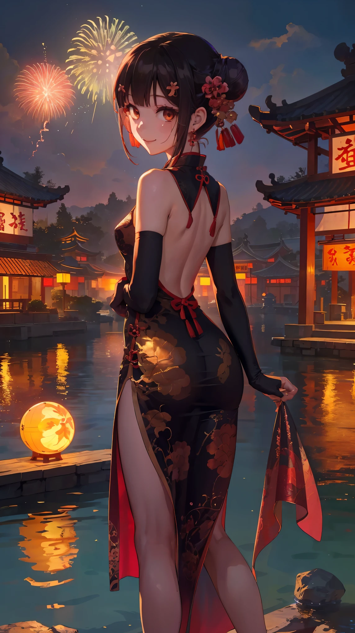 1girl, (Miyu Edelfelt),loli,black hair,brown eyes,seductive smile,nsfw, barefoot, see-through dress, butterfly, butterfly hair ornament, backless dress, chinese clothes,sleeveless, double bun,golden dragon print,bare foot,,elbow gloves,hair bun, hair ornament,jewelry,earrings,anklet,slim legs,nail polish, small breasts, solo, toenail polish, toenails, toes, twintails,outdoor,Chinese style architecture, Chinese style, lake, ancient town, beautiful and meticulous water,the red lantern,fireworks,