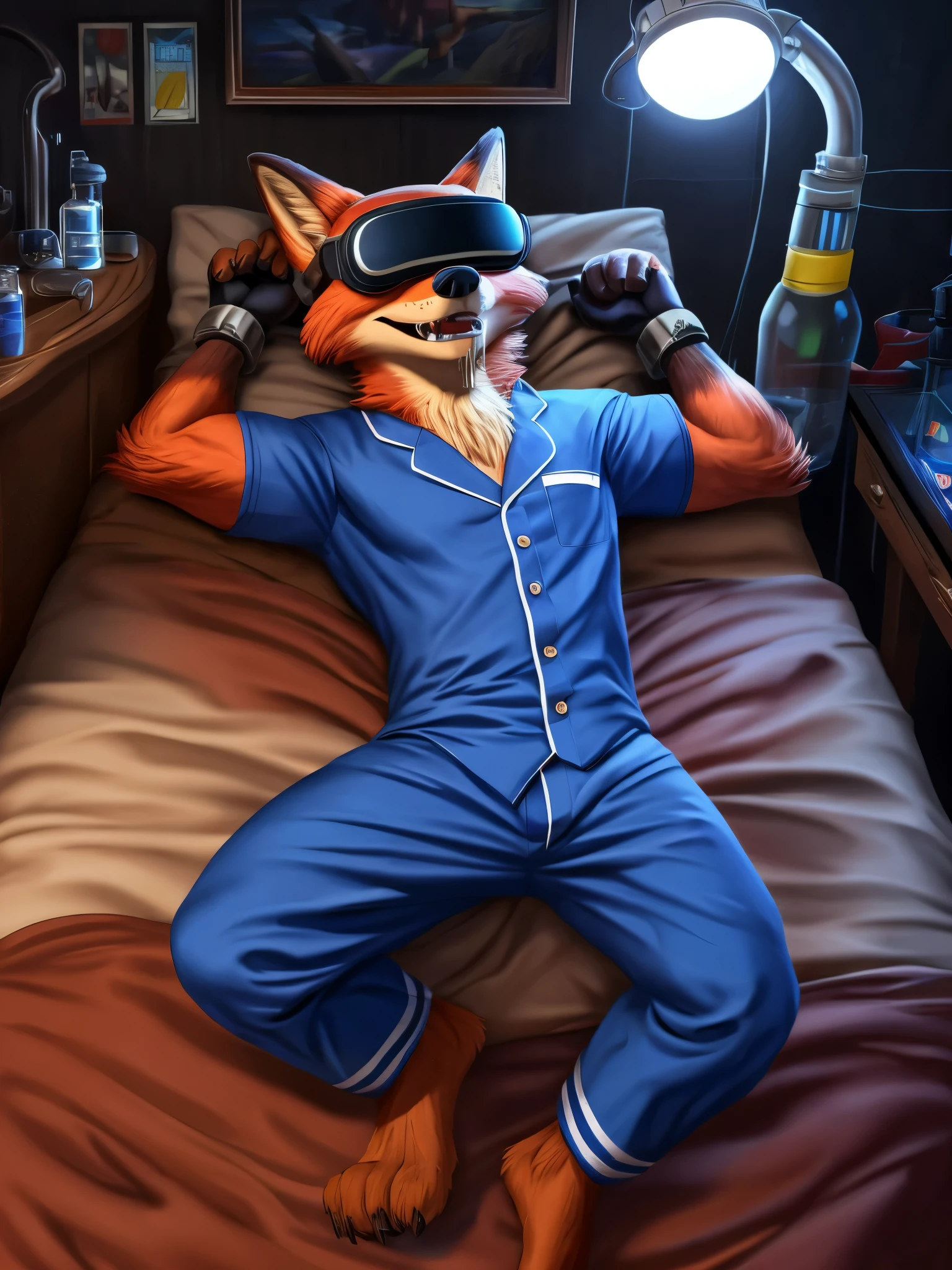 Barefoot furry character, full body, furry male.

Beefy, brawny, muscular, hypnotised Nick Wilde lying on bed in dark laboratory, strapped to the bed, wearing black leather shackles on his wrists and ankles, hypnotised, brainwashed, mind controled, drooling, wears pale blue hospital pajama, long pants, wears hypnotic vr helmet covering eyes, nice feet 

BREAK, detailed background, 8K, (masterpiece:1.5), intricate details, highly detailed, extreme detail, anime, best quality, highres, (detailed face:1.5), nice face, ((full_body)), UHD, (((perfect hands))), low ligth:1.2, 