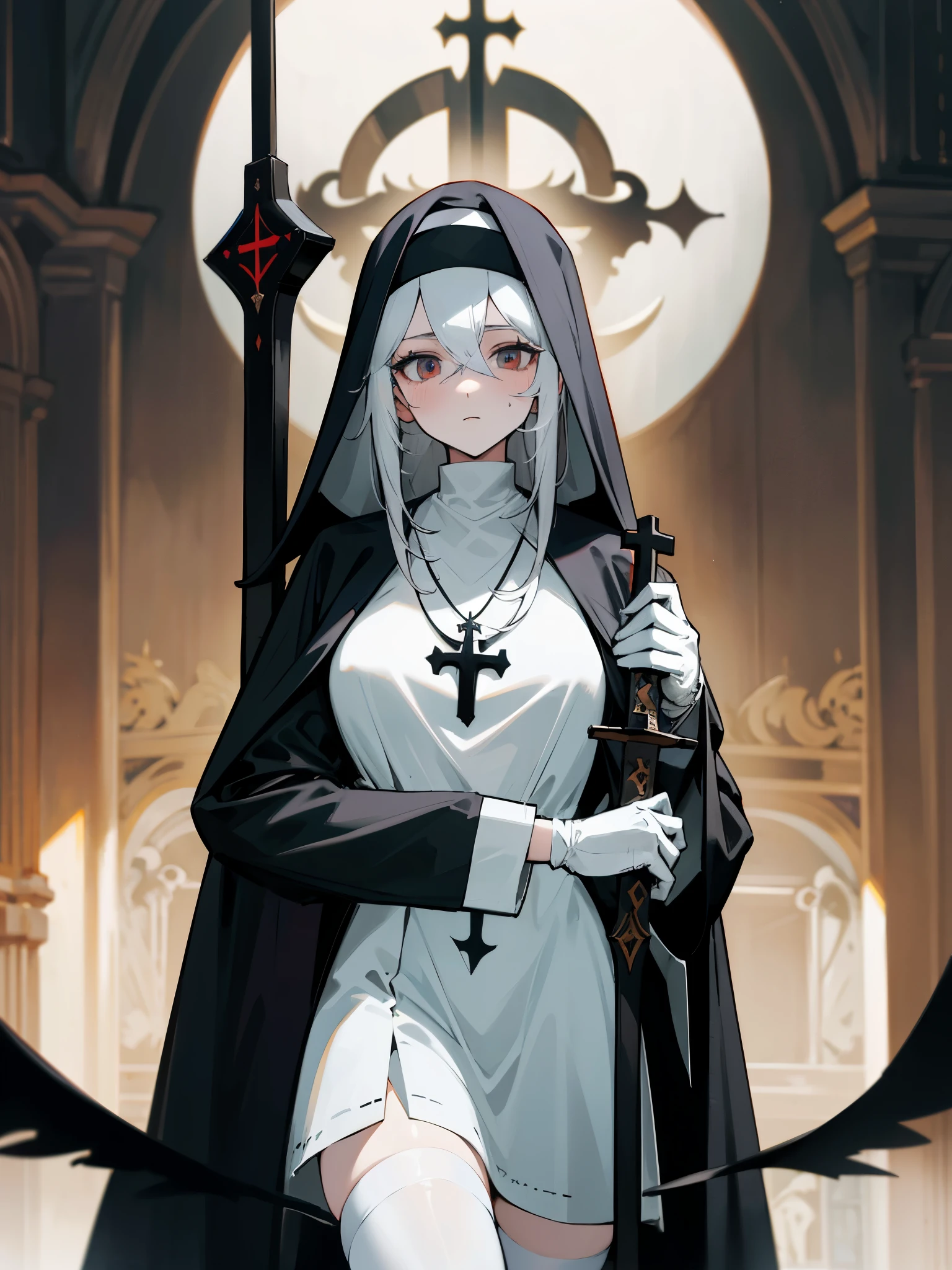 Church background, nun clothes, surgical apron, surgical glove, 1woman, solo, white hair, shining hair, medium-large breast, facing viewer, bloody, arrogant, half body shot,