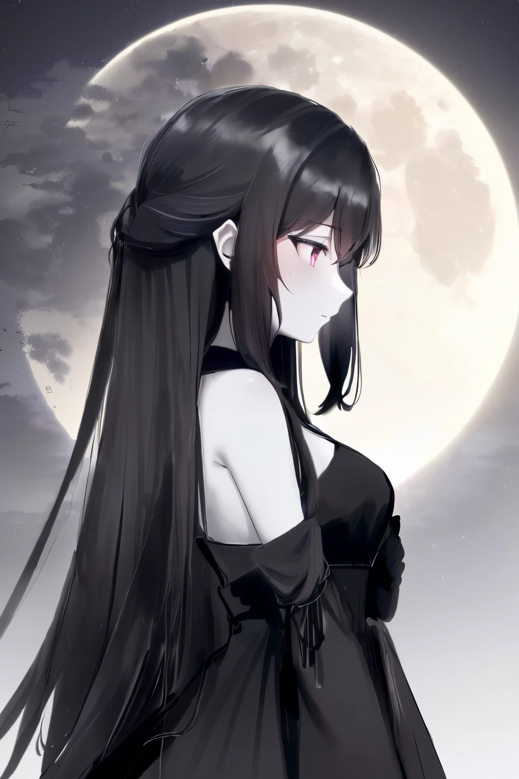 (Girl with black dress standing under moon in black gown - Yun Kouya by Saki - Makuunohara),
(1 girl: 1.0),
(Wearing a black dress: 1.2),
(Under the glowing moonlight: 1.2),
(In a black gown: 1.2),
(Detailed face and skin texture: 1.4),
(Expressing a serene expression: 1.2),
((From the side profile: 1.2)),
(Long, straight black hair: 1.2),
( '{Yun Kouya}' character: 1.0),
(By artist