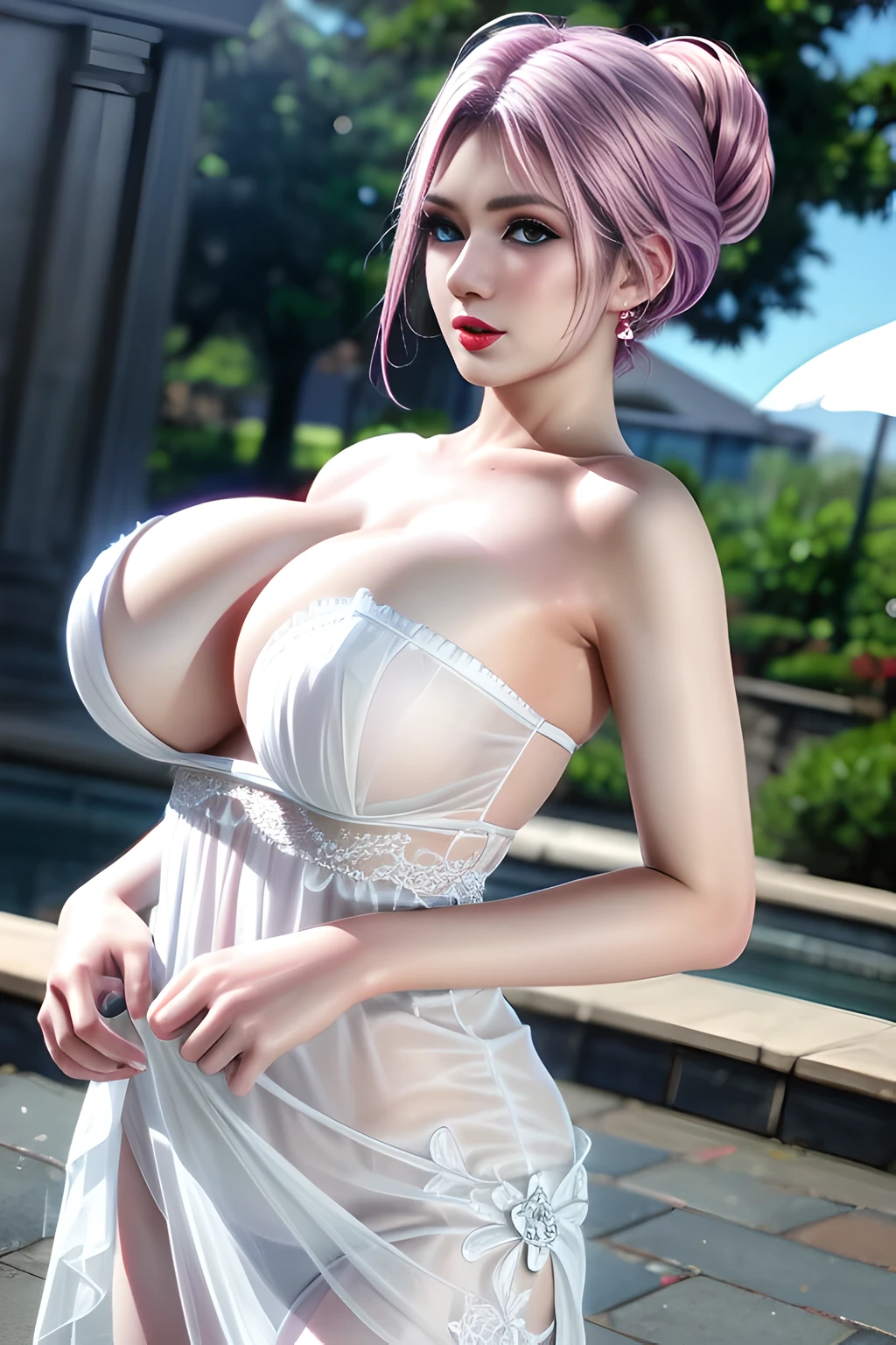 1 girl,Alice,(pajamas),(White strapless dress:1.4),Outdoor activities, (standing posture),grace,(((red lips))), Lips slightly open, clavicle,Lactation,(huge breasts:1.3),skin shiny,((8k, original photo, top quality, masterpiece), HD RAW color photos professional close-up photos, (actual, photorealism: 1.37), (best quality),8k,Fabric luster,alone,