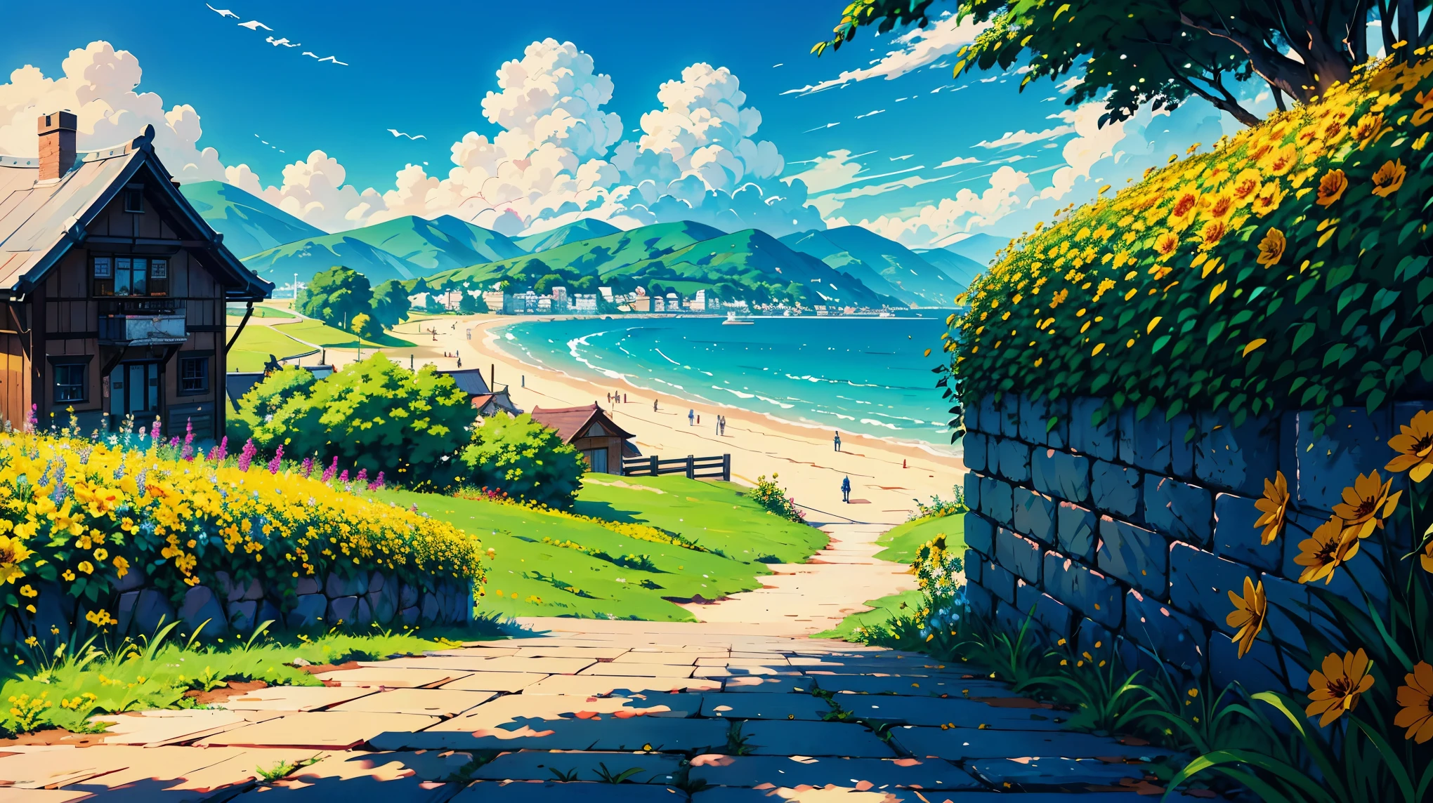 Swiss town，beachside，scenecy，Casa，exteriors，Skysky，janelas，A plant，daysies，grassy，​​clouds，potted，The tree，doors，flower pots，blue-sky，buliding，chimneys，Yellow flowers，Rose flower，in style of hayao miyazaki，