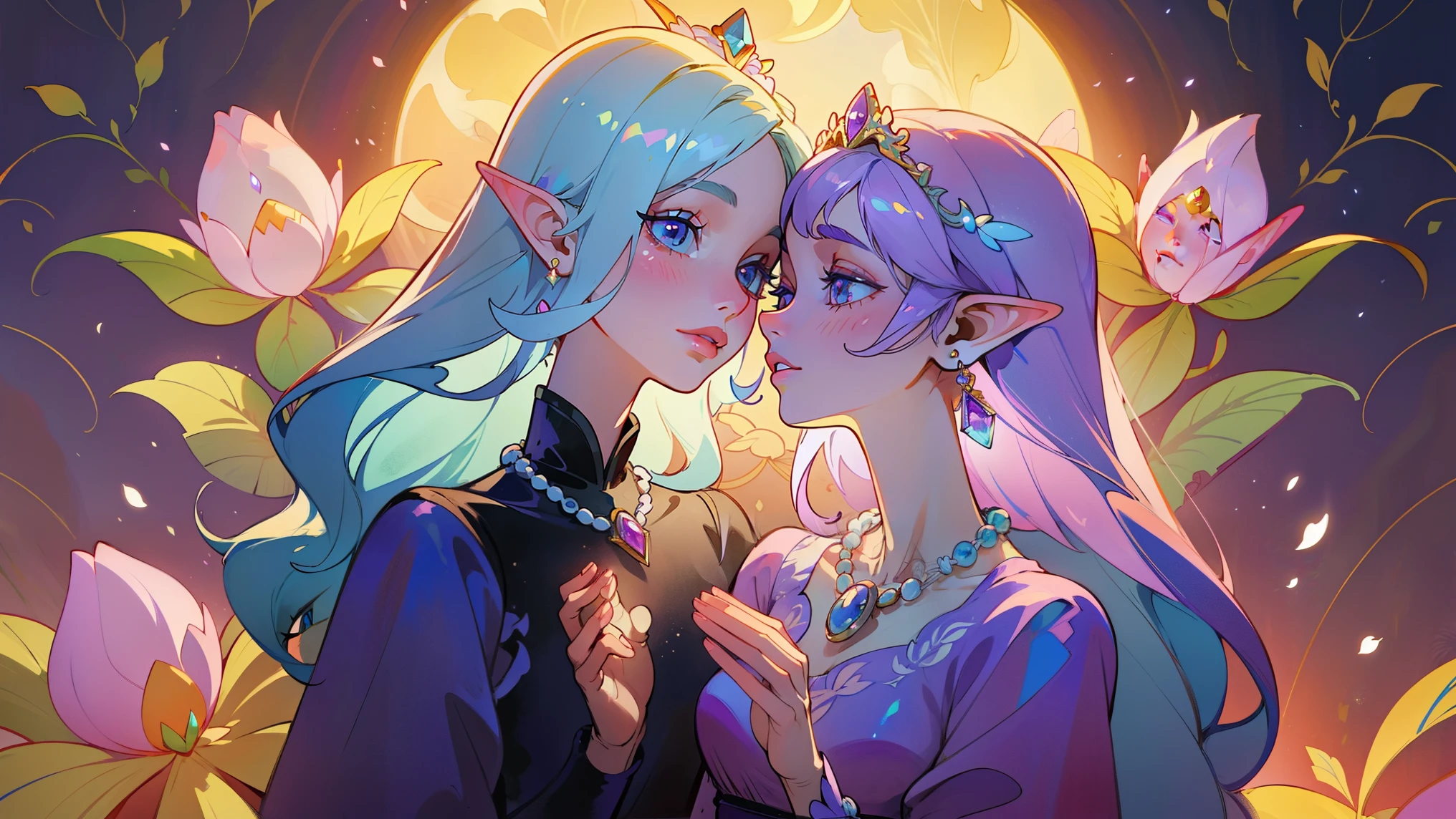 high-quality,ultra-detailed,beautiful detailed eyes,beautiful detailed lips,extremely detailed eyes and face,longeyelashes,medium:oil painting,portrait,colorful,soft lighting,princess,February theme,purple dress,tiara,graceful,ethereal,royal,blossoming flowers,fantasy,regal,enchanted garden,hairstyle with flowers,romantic atmosphere,lunar-inspired background,vivid colors,floral patterns,luxurious jewelry,dreamlike,gentle smile,celestial,pearl necklace,sparkling,delicate features,majestic,elven-like,serene expression,glowing,February birthstone,pastel colors,soft shadows,tranquil,graceful pose,fairy tale