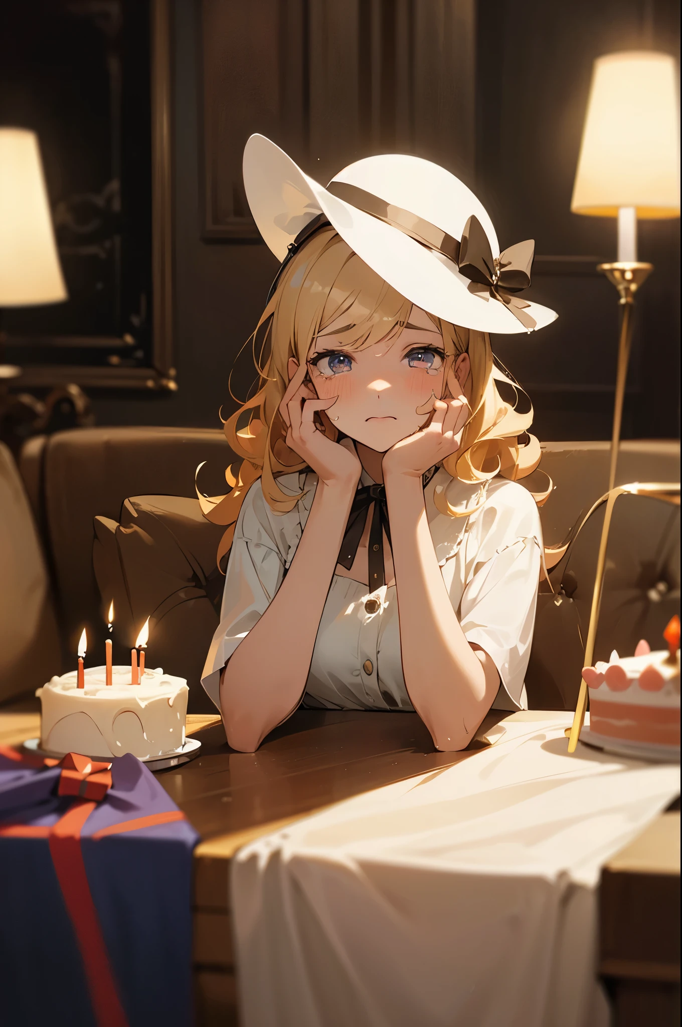 (masterpiece), best quality, expressive eyes, perfect face, birthday decoration, wearing birthday hat, living room, sad expression, birthday cake on the table, candle light, light off, blond curly hair, modern furniture, 18 years old, adult, big , 1girl, tears roll down, white dress, birthday hat, look at the birthday cake
