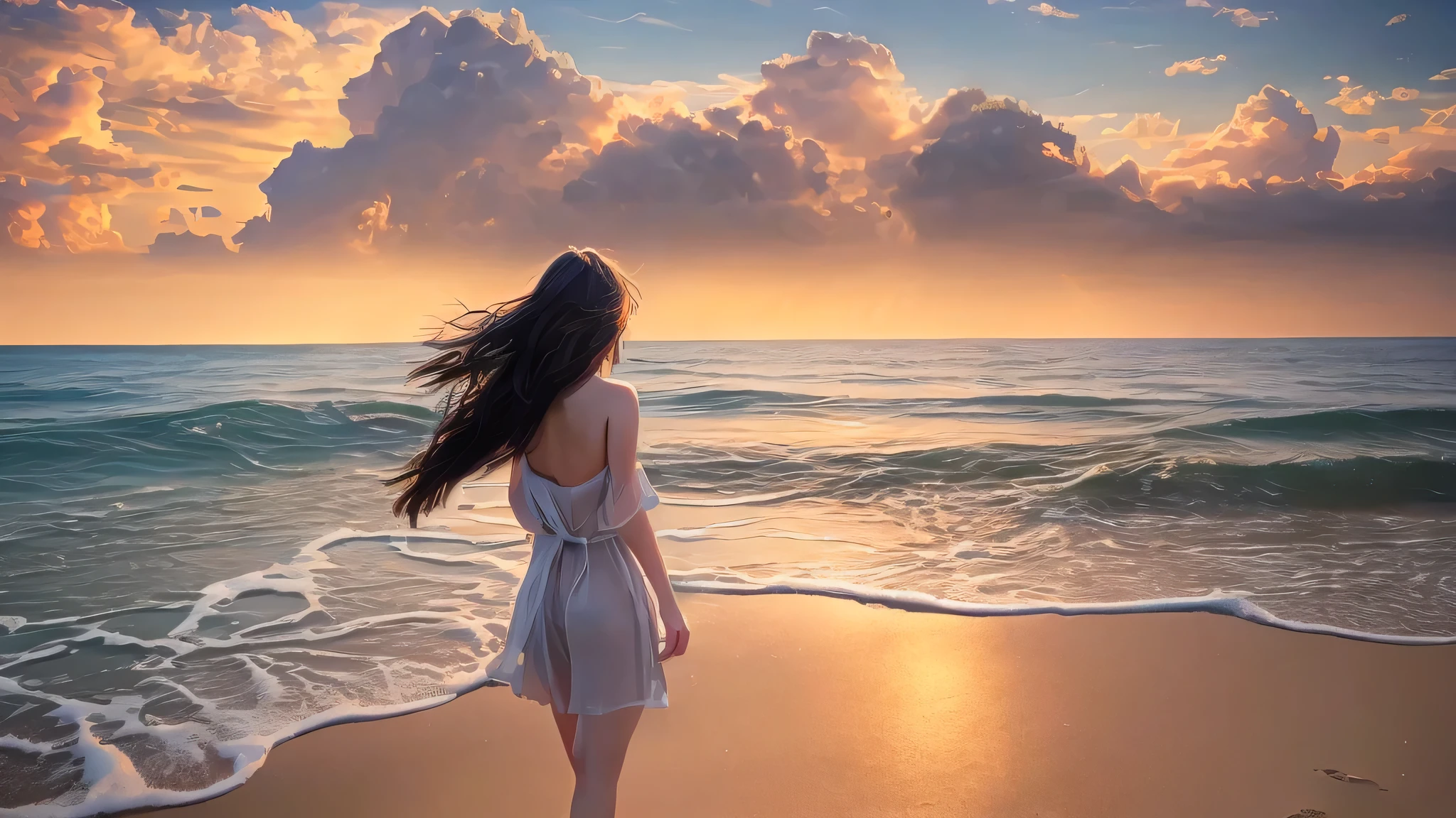 (((surreal)))、(((High resolution)))、(In 8K)、 (((very detailed)))、(highest quality、masterpiece:1.3)、((sharp))、cinematic light、panoramic、beach、white sand beach、beachを歩く女の子、into the cloud、bright sun、The sun rises high、Midsummer、By Shinkai Makoto
