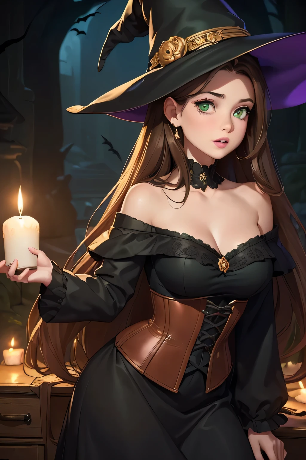 ((Masterpiece)) ((High Quality)) ((Perfect Face)) ((Beautiful)) ((Round face)) ((Middle aged)) ((Brown hair)) ((long Hair)) ((Cute Nose)) ((Green Eyes)) ((Light Skin)) ((Full lips)) ((Witch)) ((Spooky Shop)) ((Candlelight)) ((Dim Light)) ((Black Off the shoulder corset dress))